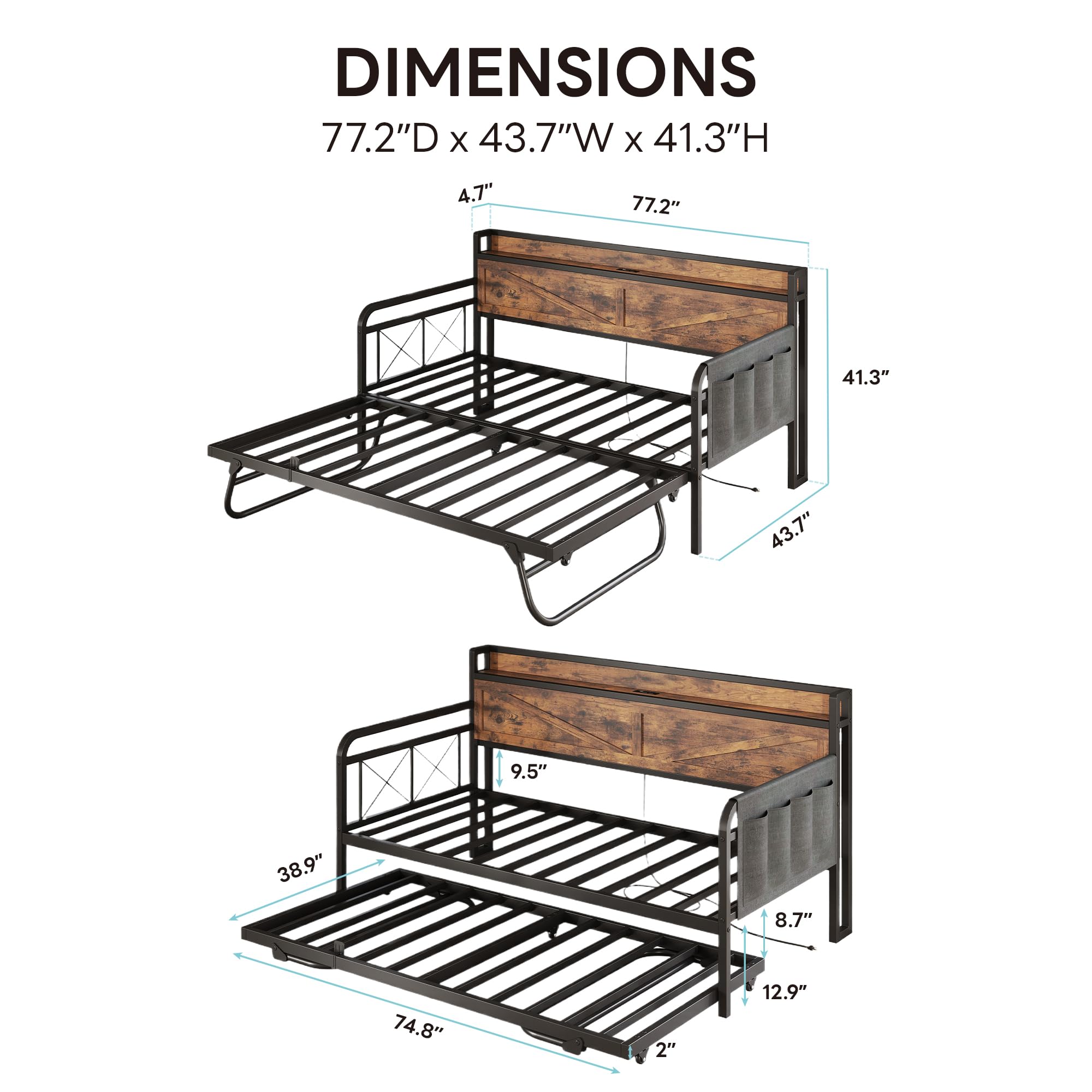 Twin Daybed with Trundle, Storage Headboard with Charging Station, Sturdy Sofa Bed for Bedroom, Living Room, Industrial Brown
