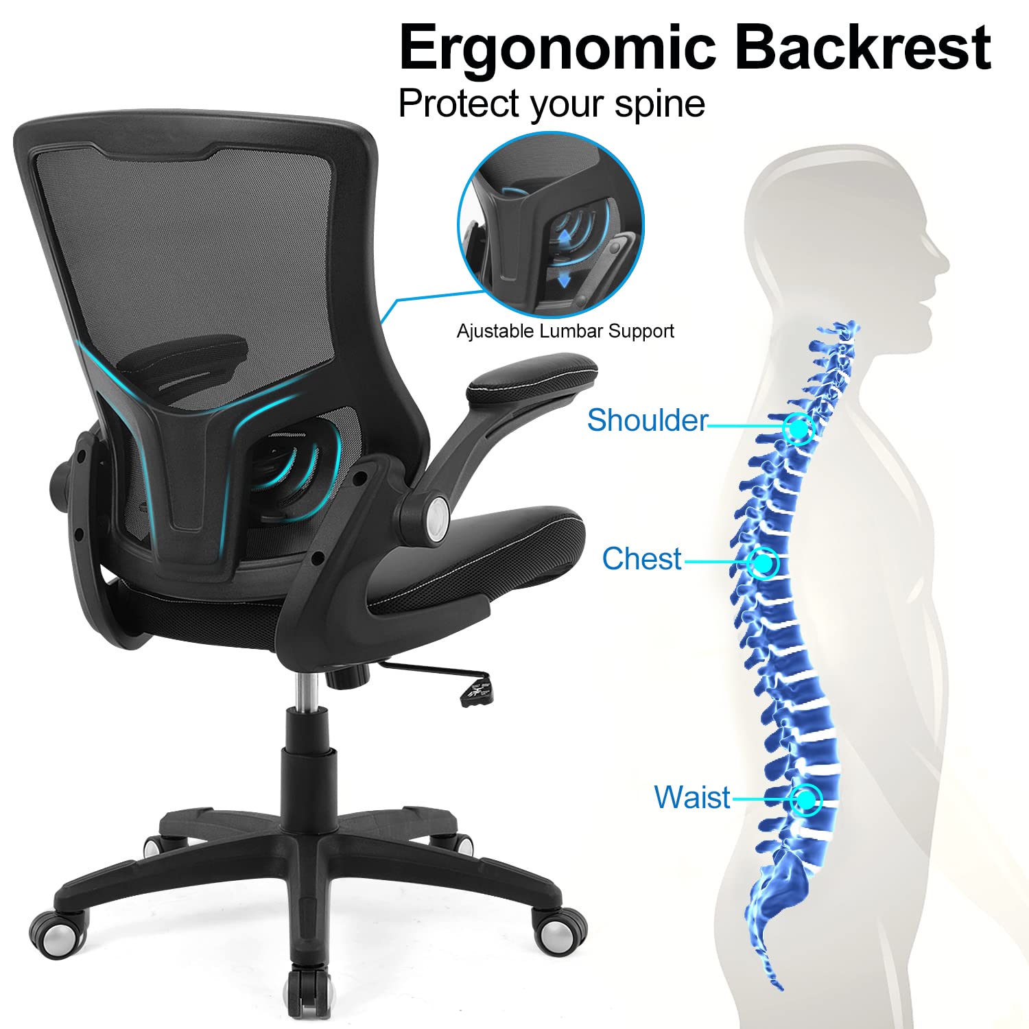Chair Ergonomic Desk Chair, Computer PU Leather Home Office Chair, Swivel Mesh Back Adjustable Lumbar Support Flip-up Arms Executive Task Chair