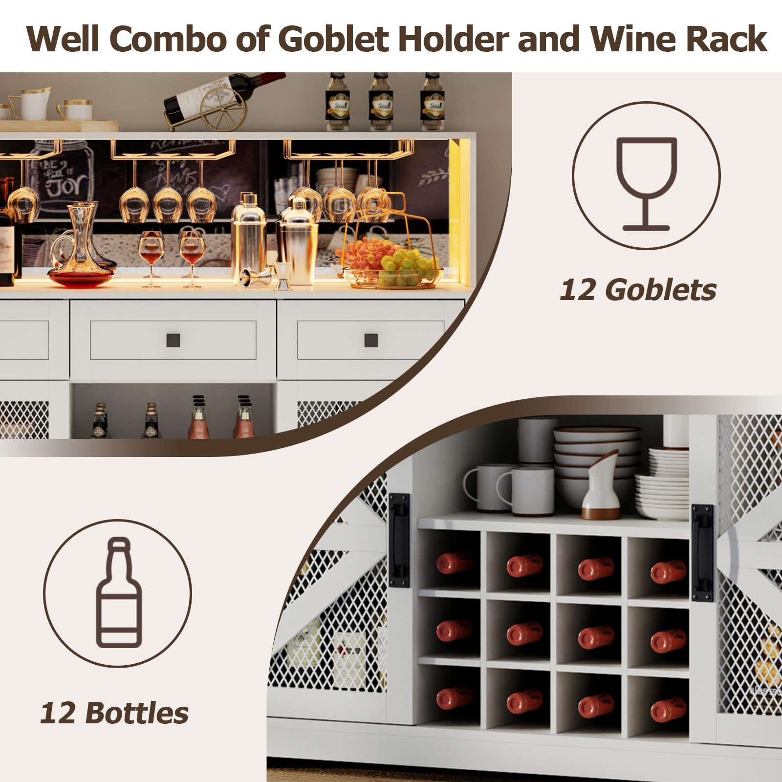 Wine Bar Cabinet with LED Light, Kitchen Buffet with Storage Cabinet & 3 Sliding Drawers, Adjustable Shelf, Goblet Holder, Acrylic Mirror