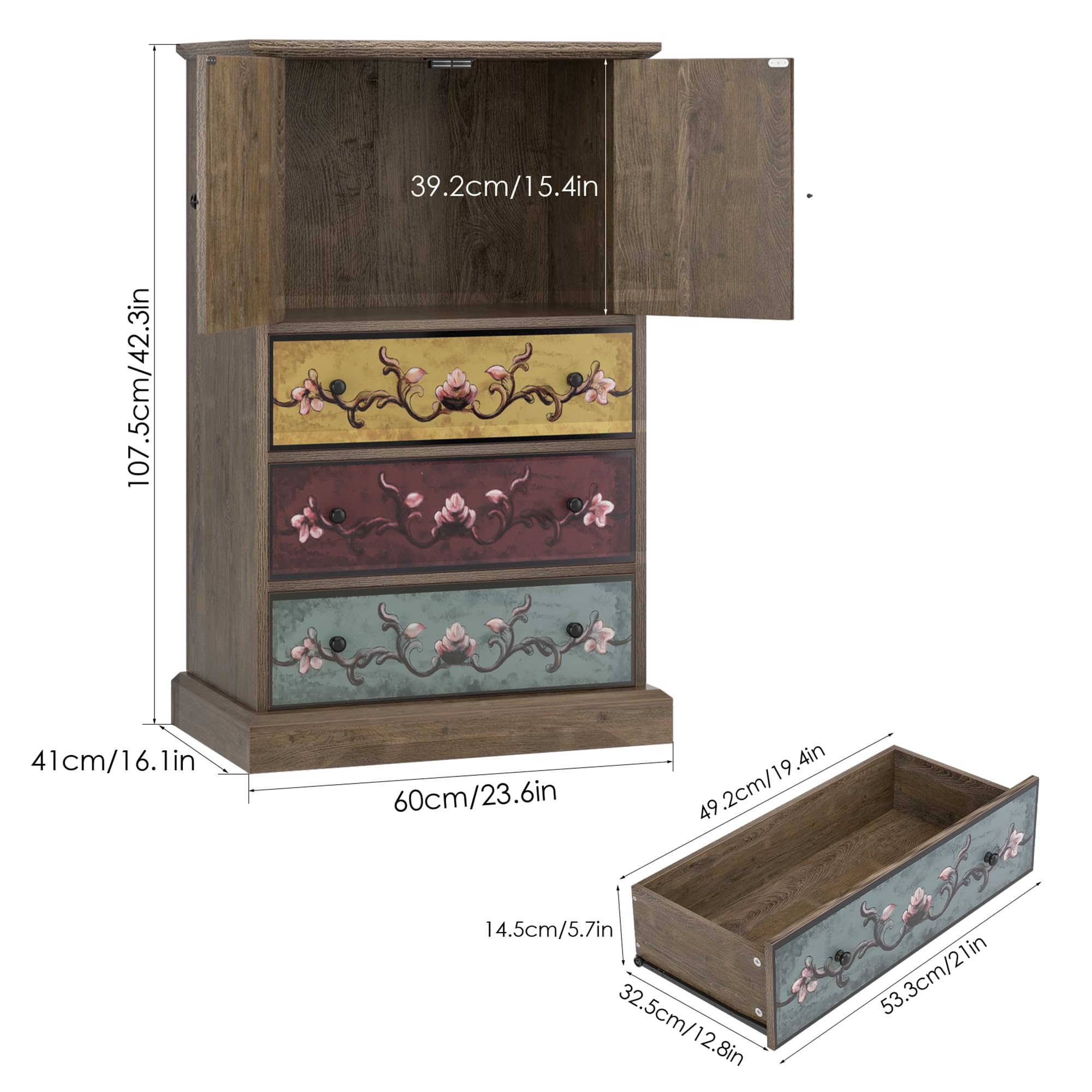 Wood Chest of Drawers, Tall Boho Dresser with Drawers and Doors, 16.1D x 23.6W 42.3H Inch Wood Accent Dresser for Home Office