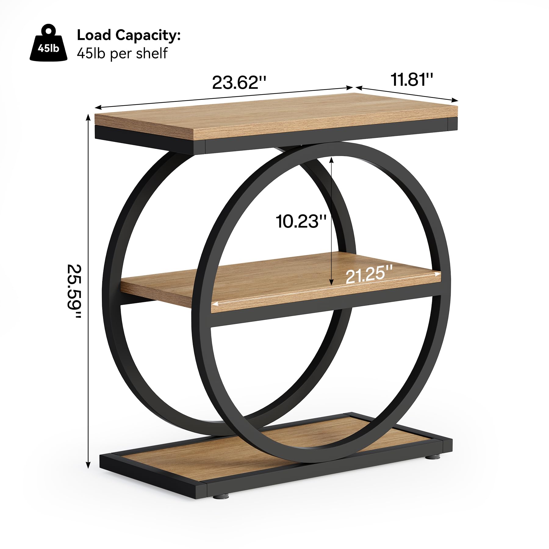 Set of 2 End Tables, 3-Tier Wooden Side Tables with Double Round Metal Legs, Slim Nightstands for Living Room, Bedroom, Oak Finish