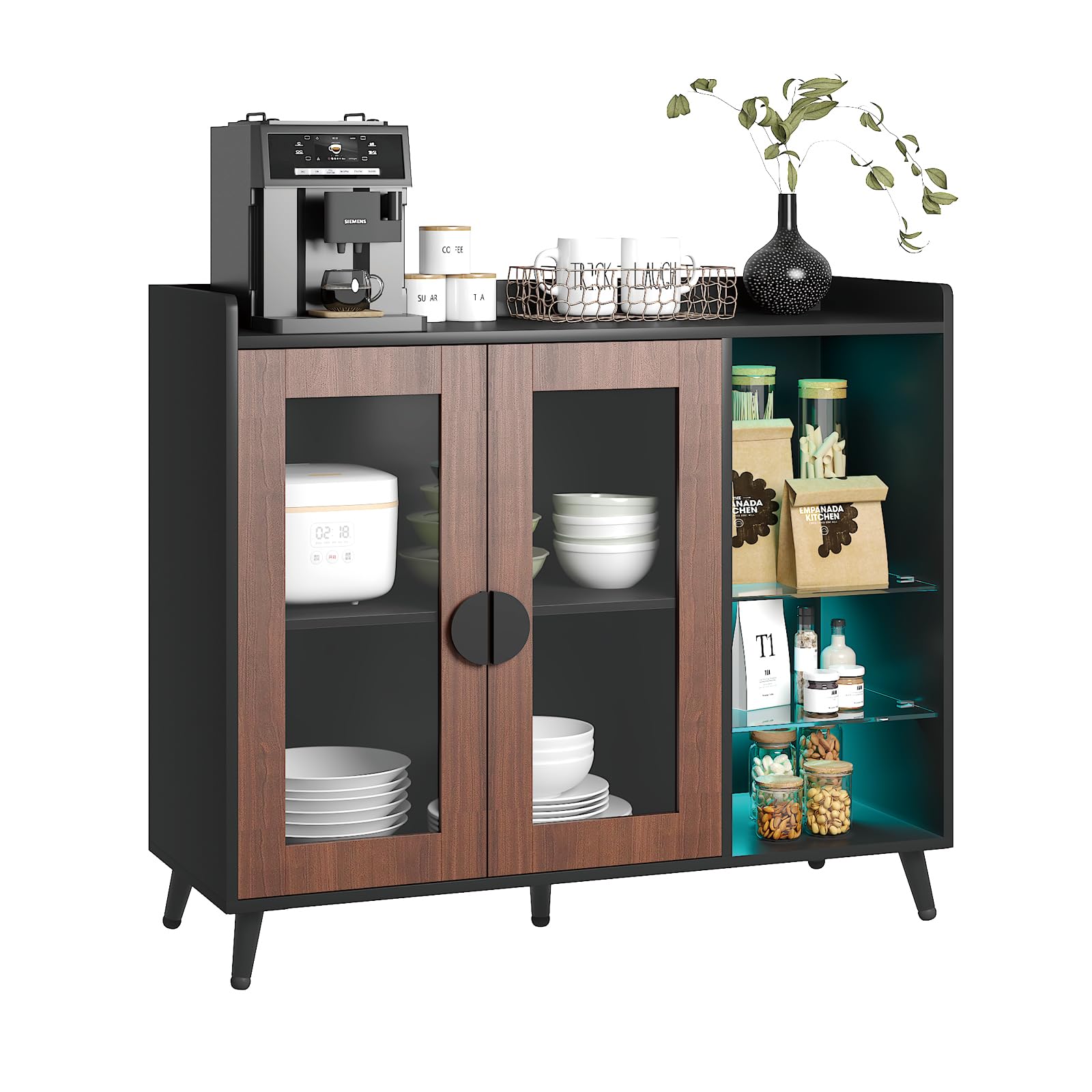 Sideboard Buffet Cabinet with Storage, Modern LED Coffee Bar Buffet Table with Acrylic Doors & Glass Storage Shelves, Sideboard for Kitchen,