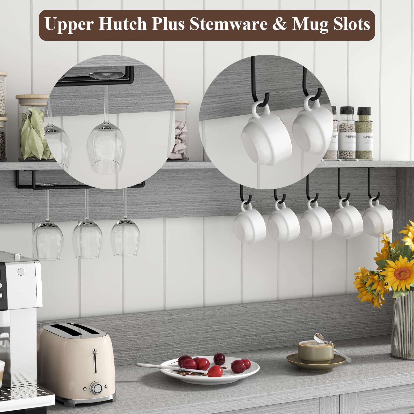 Farmhouse Bar Cabinet with Hutch, Kitchen Buffet Cabinet with Storage Cabinet & 3 Sliding Drawers, Adjustable Shelf, Goblet Holder, Cup