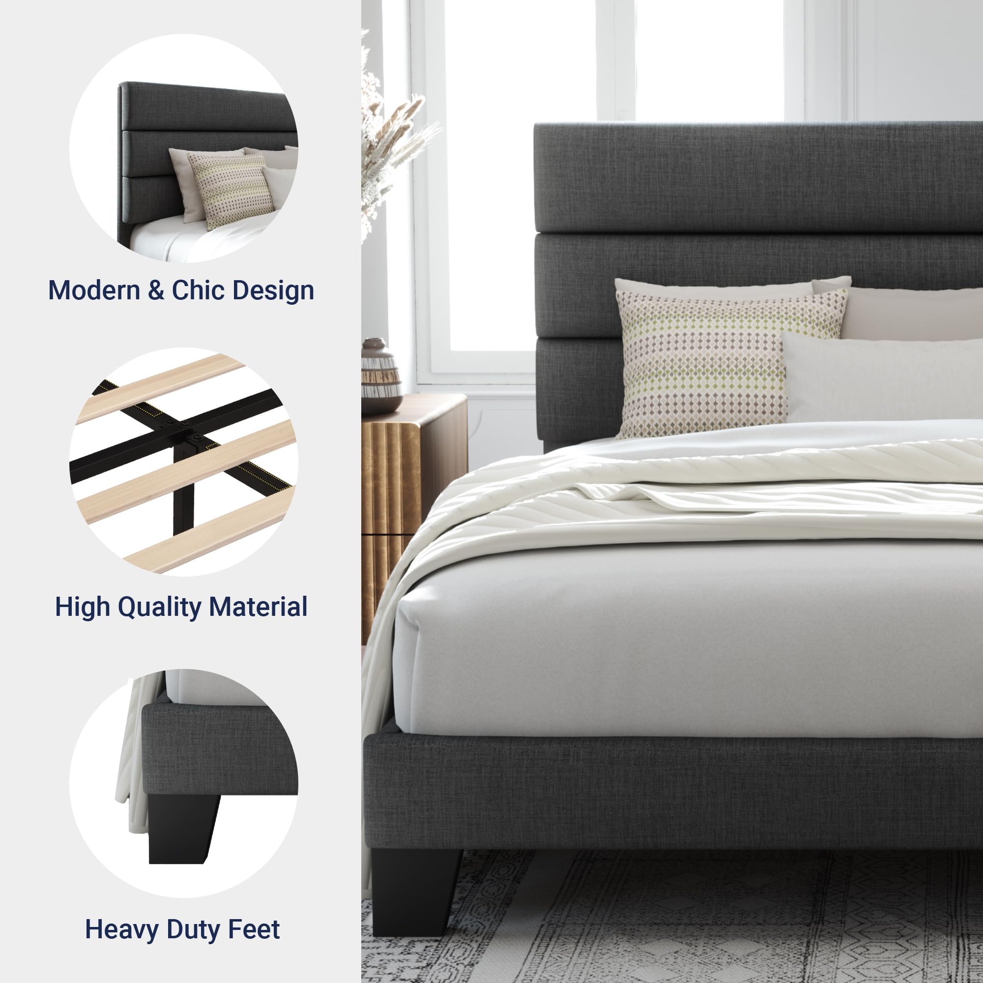 Queen Size Platform Bed Frame with Fabric Upholstered Headboard and Wooden Slats Support, Fully Upholstered Mattress Foundation//, Dark Grey
