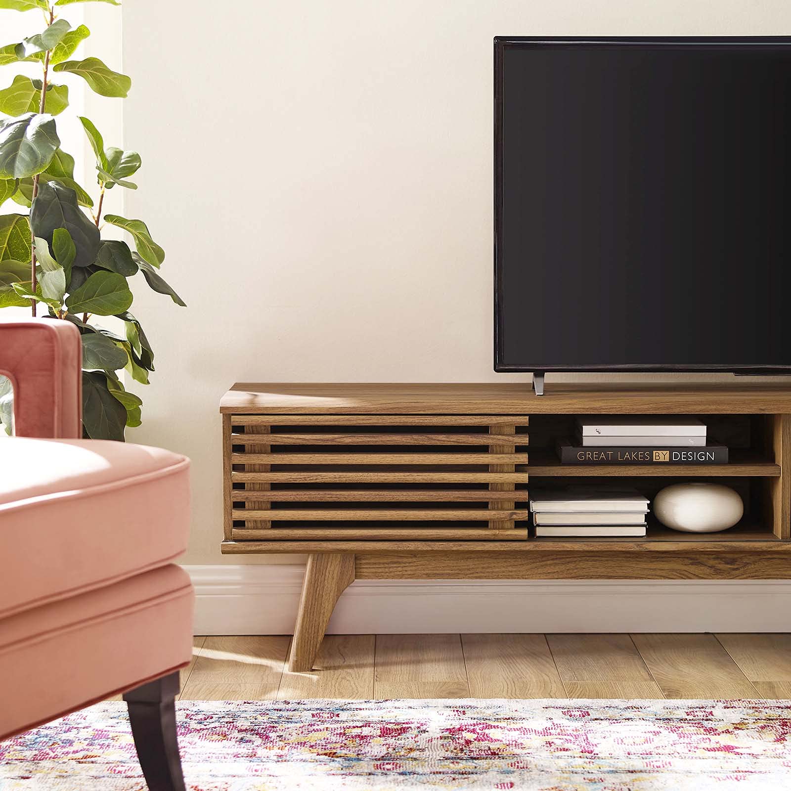 Render 70" Mid-Century Modern Low Profile Media Console TV Stand, 70 Inch, Walnut Walnut