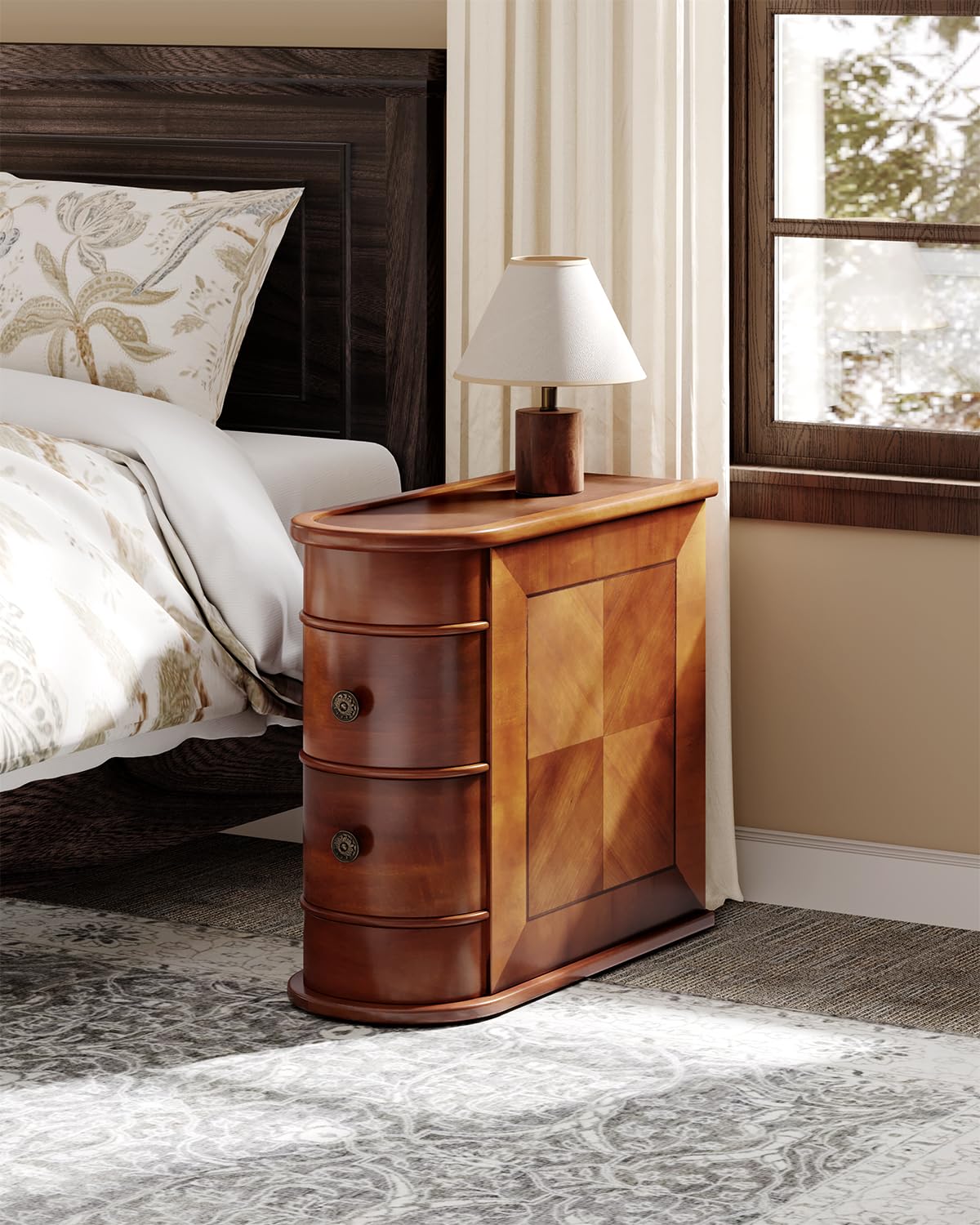 Wood End Table with 2 Drawers Sofa Side Table, No Assembly Required Vintage Slim Nightstand Bedside Table for Bedroom
