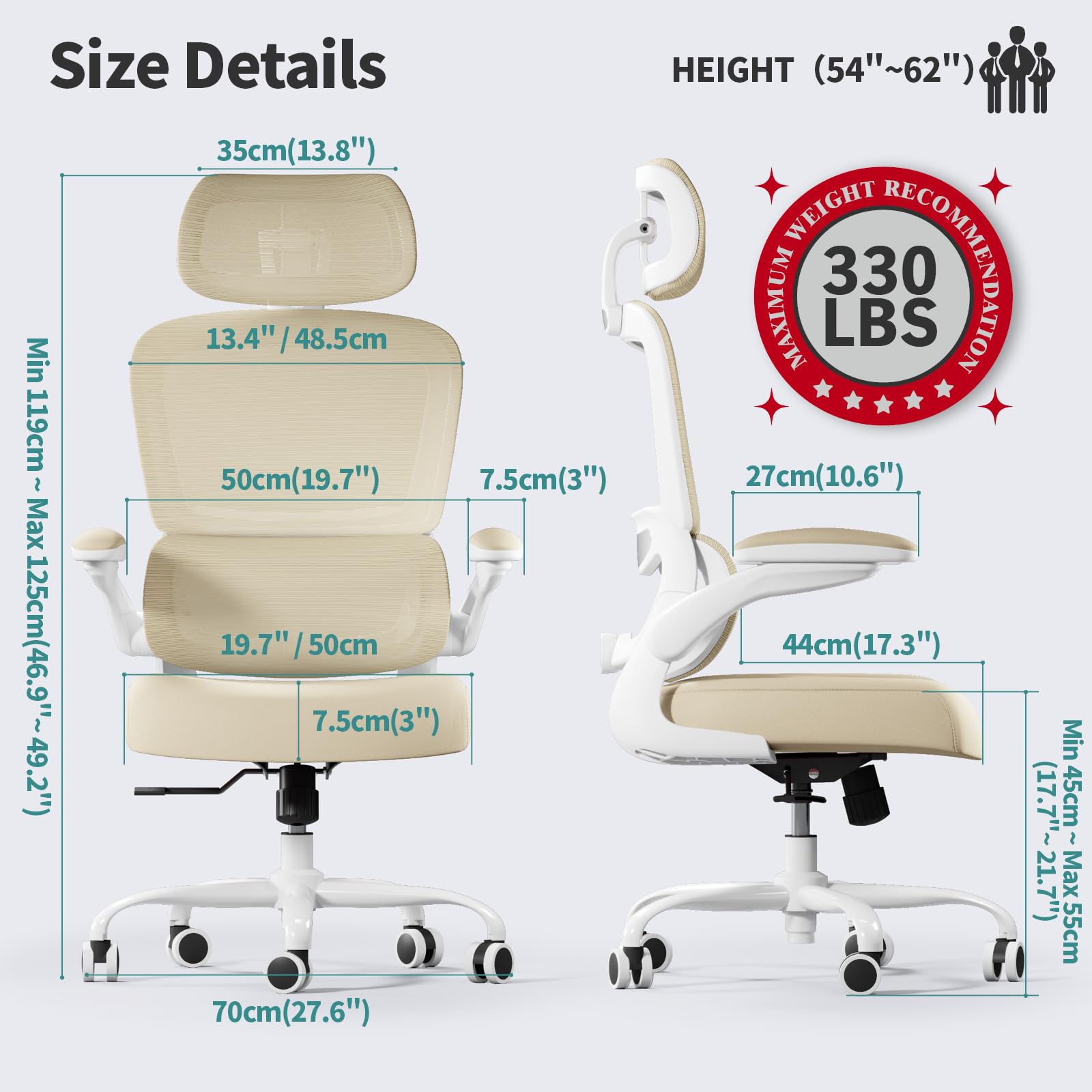 Ergonomic Office Chair, High Back Mesh Desk Chair with Wheels, Supports 330 lbs, Comfortable for Long Hours, Home & Gaming Use, Beige