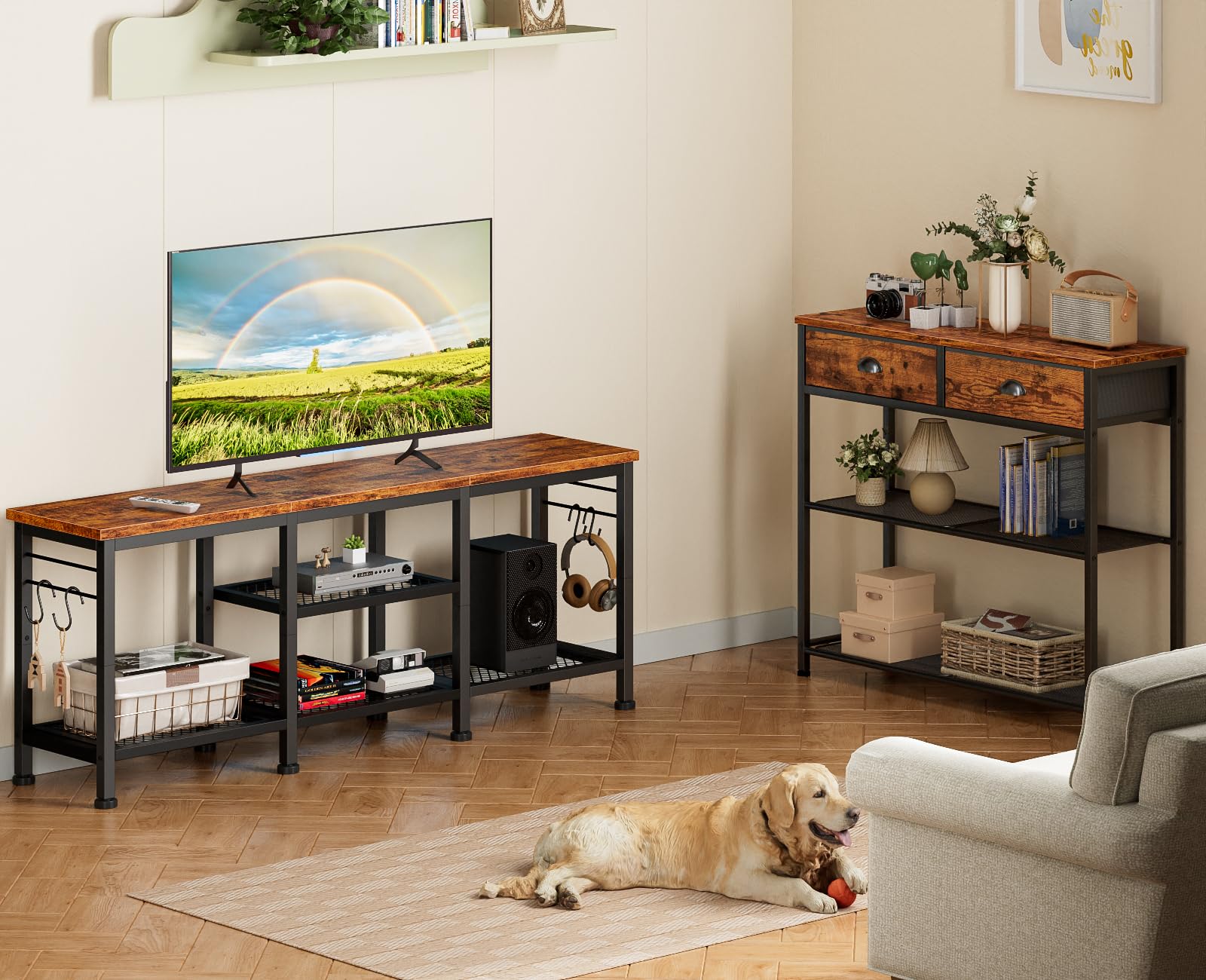 TV Stand for TVs up to 55", Entertainment Center with Open Storage Shelves & Soundbar Shelf, Media Console Table for Living Room, Bedroom, Rustic Brown