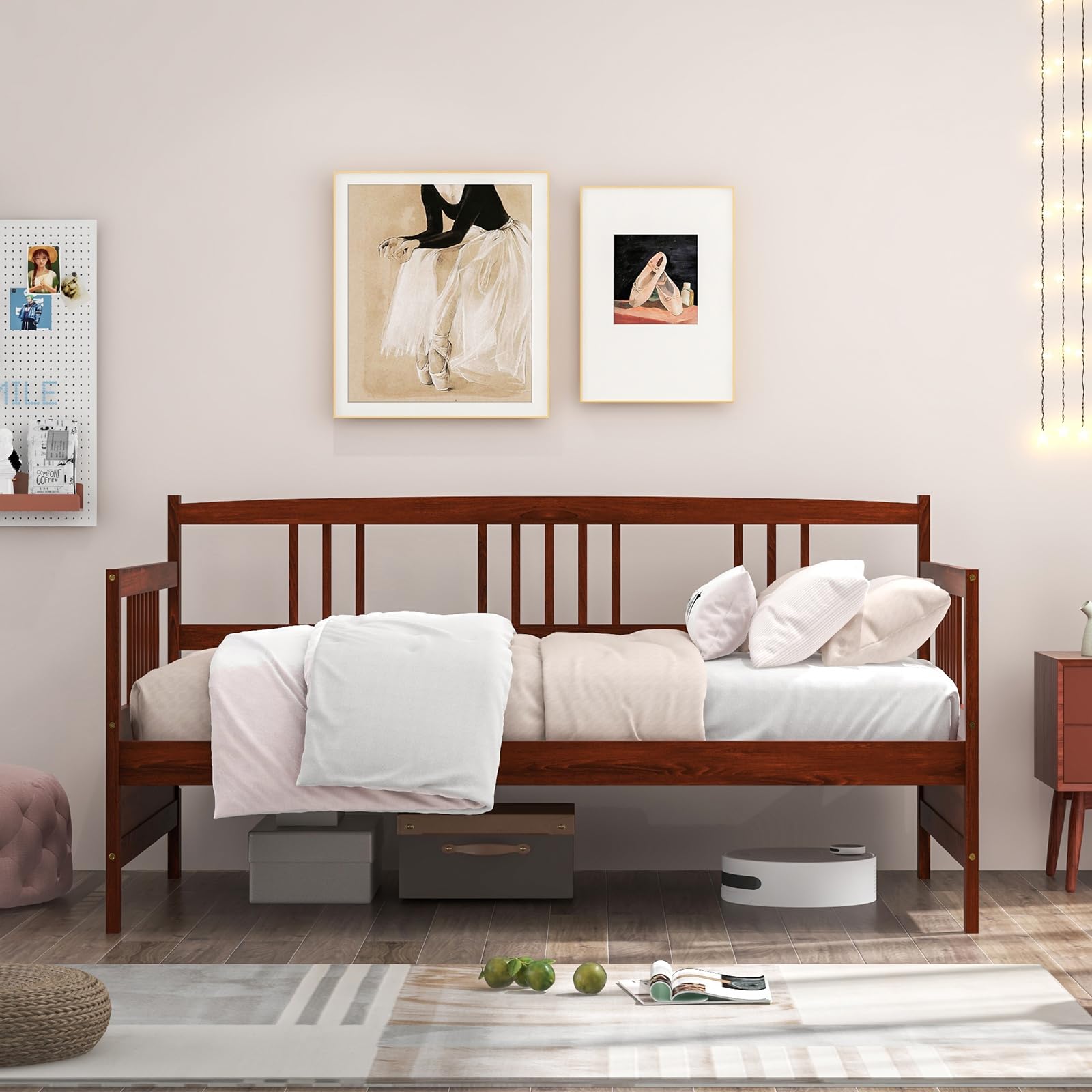 Twin Daybed Frame, Wooden Sofa Bed with Rails & Slat Support, Dual-Use Platform Bed for Bedroom or Living Room, No Box Spring Needed, Cherry