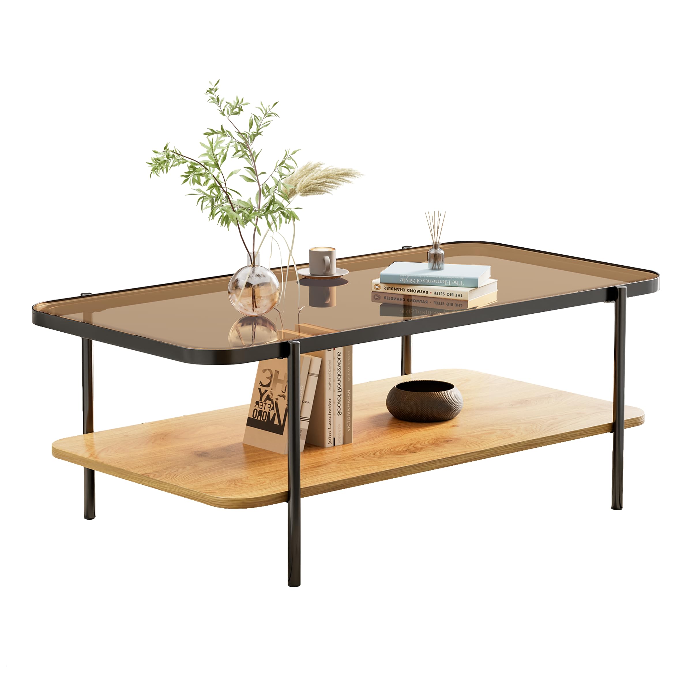 Modern Brown Glass Coffee Table, 2-Tier Rectangular Center Table with Metal Legs & Wood Storage, Rounded Corners for Living Room or Office