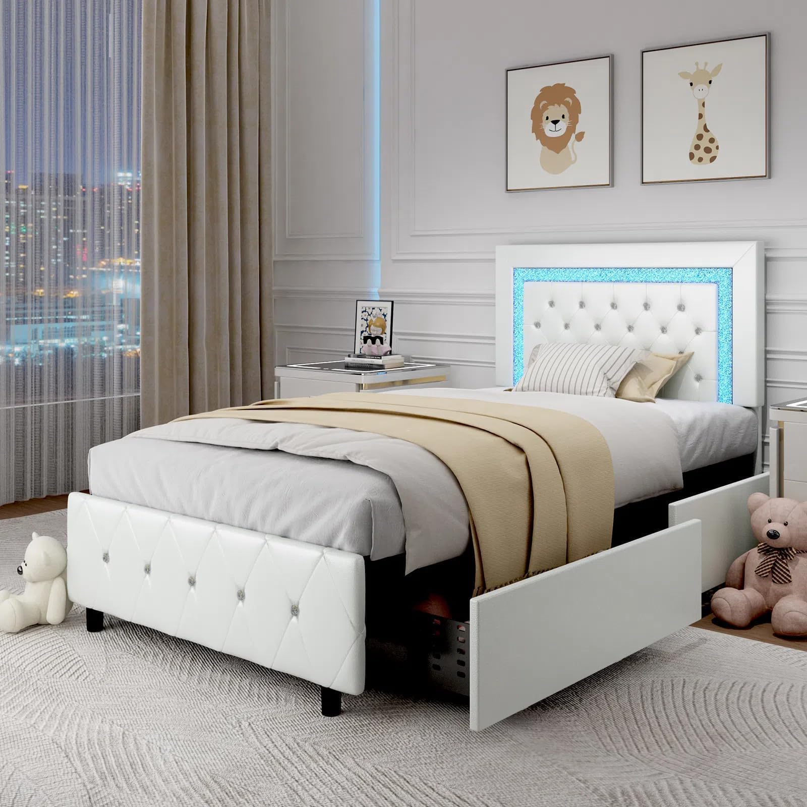 Twin Upholstered Bed Frame with LED Lights, Storage Drawers, Crystal Tufted Headboard, Princess Style, No Box Spring – White