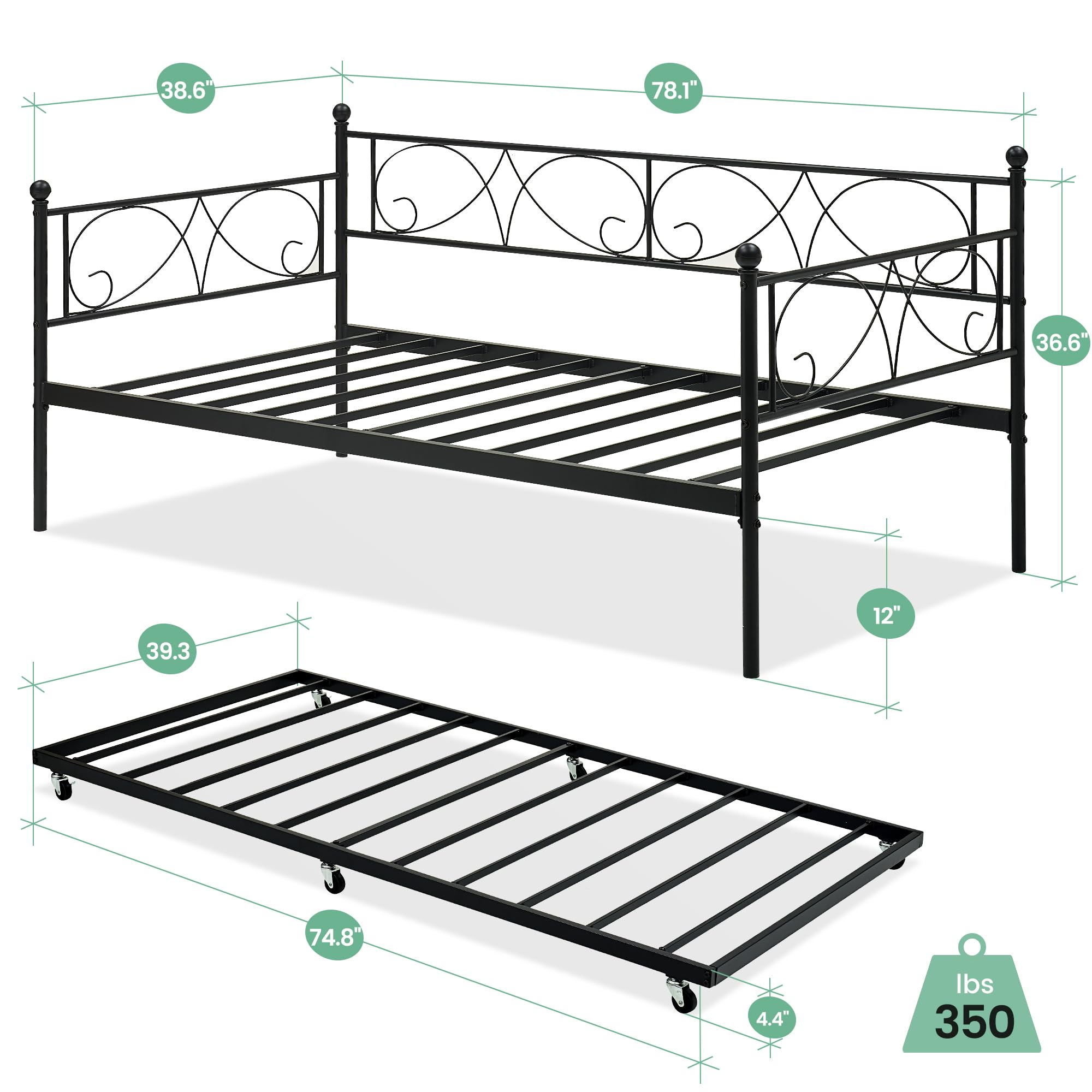 Twin Daybed with Trundle, Metal Trundle Bed, Sofa Bed Frame, Heavy Duty Metal Slats, for Living Room, Bedroom, Guest Room, Space Saving, Black