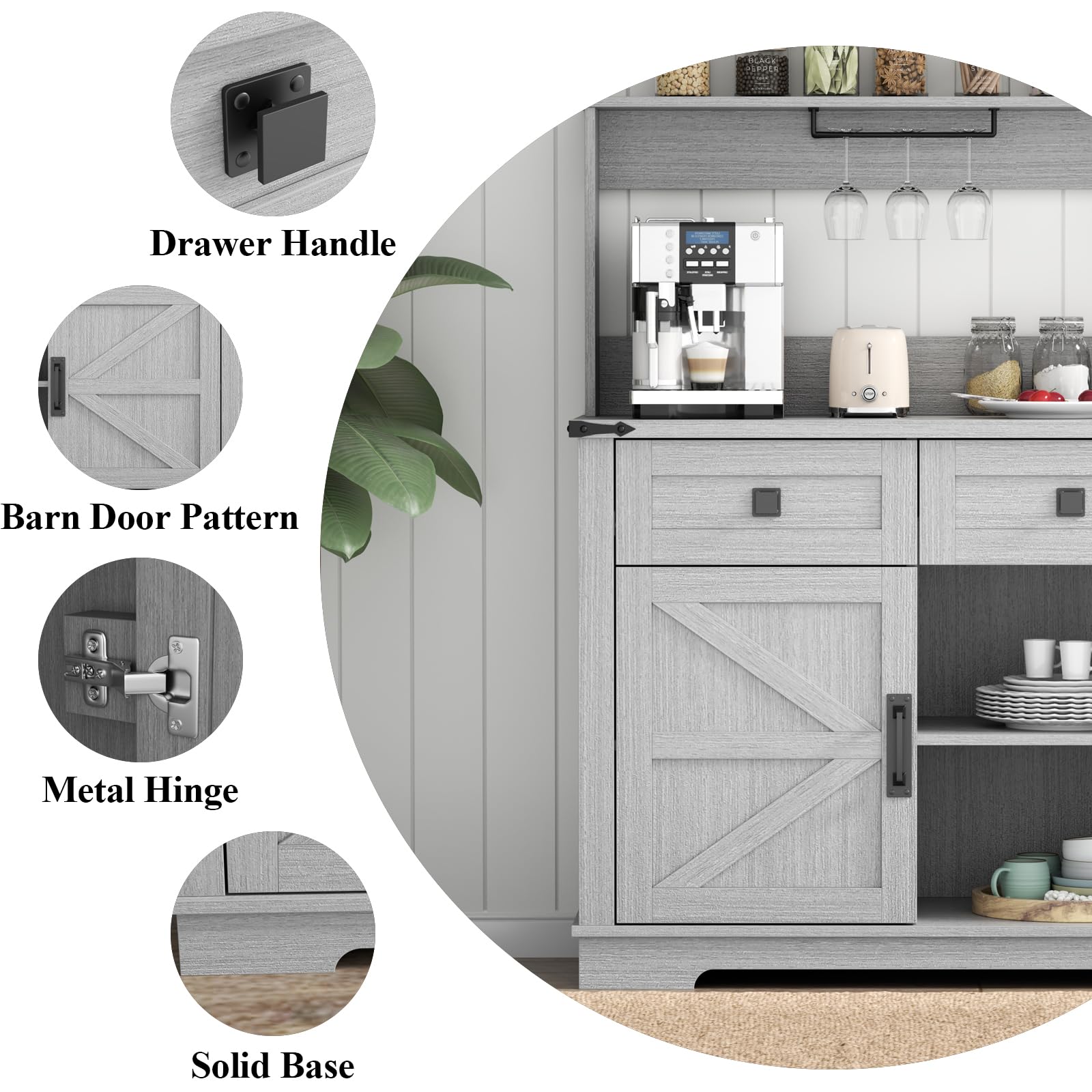 Farmhouse Bar Cabinet with Hutch, Kitchen Buffet Cabinet with Storage Cabinet & 3 Sliding Drawers, Adjustable Shelf, Goblet Holder, Cup