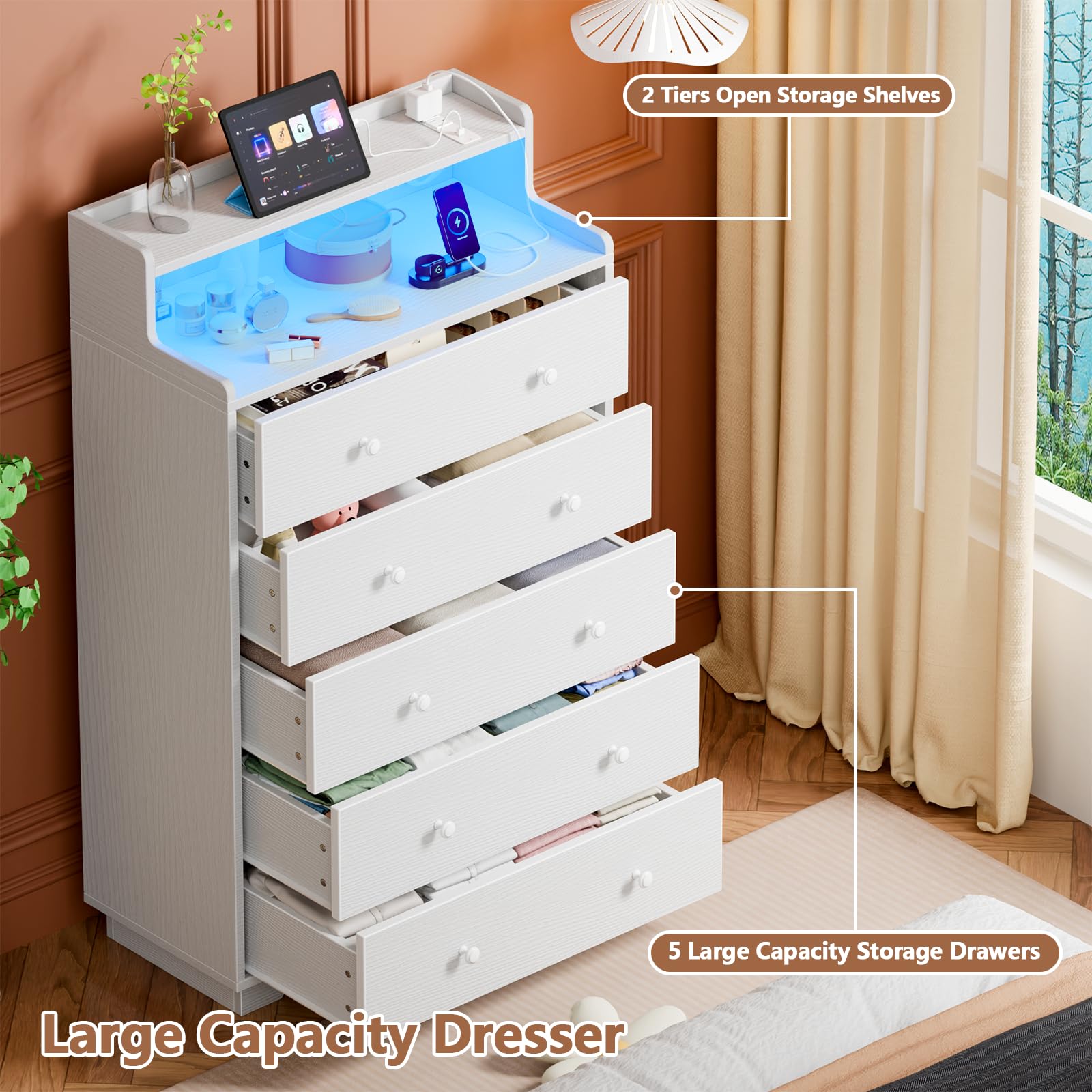 Tall 5-Drawer Dresser for Bedroom, Chest with Charging Station & LED Light, Deep Wood Drawers for Clothes, Closet, Entryway, White