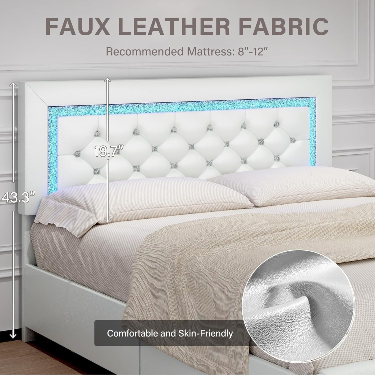 Twin Upholstered Bed Frame with LED Lights, Storage Drawers, Crystal Tufted Headboard, Princess Style, No Box Spring – White