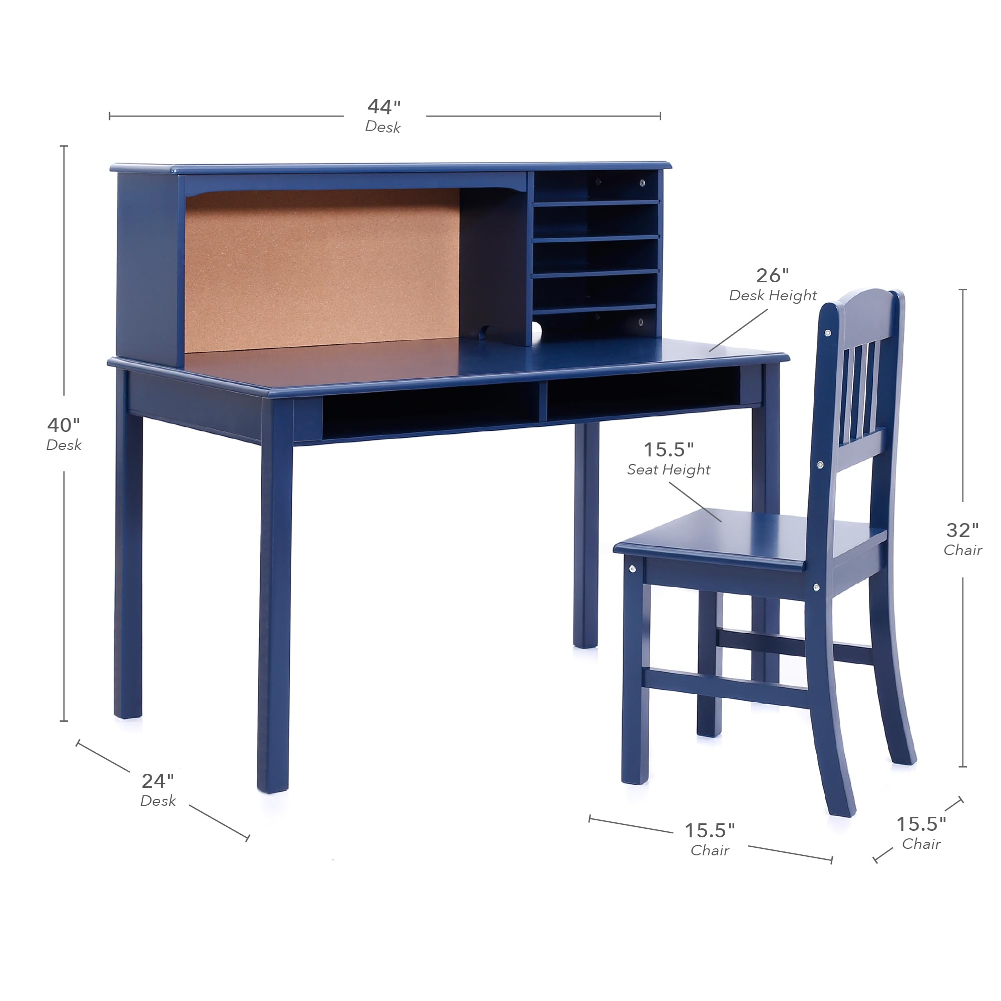 Kids Desk and Chair Set with Hutch & Storage – Navy Wooden Study Table for Boys, Student Workstation for Bedroom or Study Room