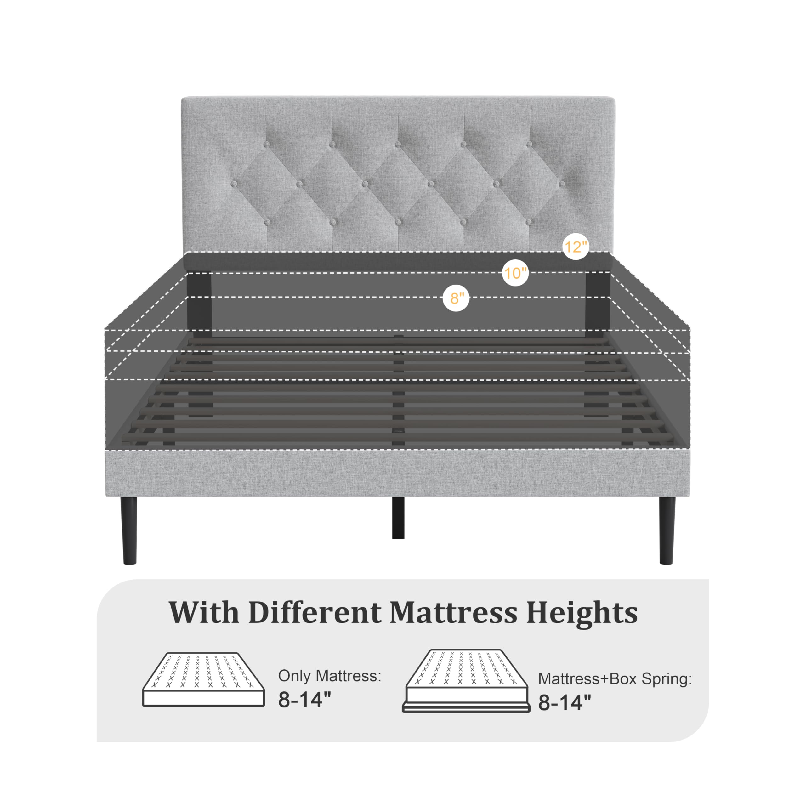 Full  with Fabric Button Upholstered Headboard and Wooden Slat Support, Sturdy Frame No Spring Mattress Required, Noiseless , Modern Bedroom