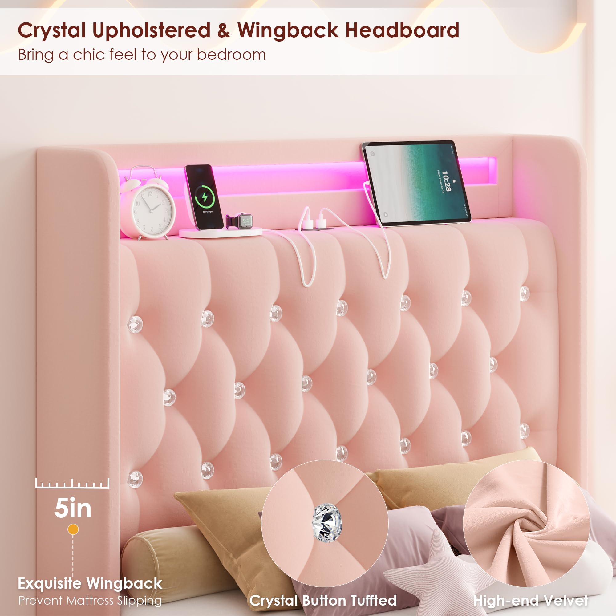 Upholstered Twin LED Bed Frame with Charging Headboard & 4 Drawers, Velvet Tufted Princess Bed for Girls, No Box Spring Needed, Pink