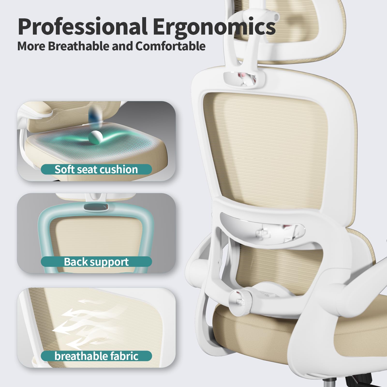 Ergonomic Office Chair, High Back Mesh Desk Chair with Wheels, Supports 330 lbs, Comfortable for Long Hours, Home & Gaming Use, Beige