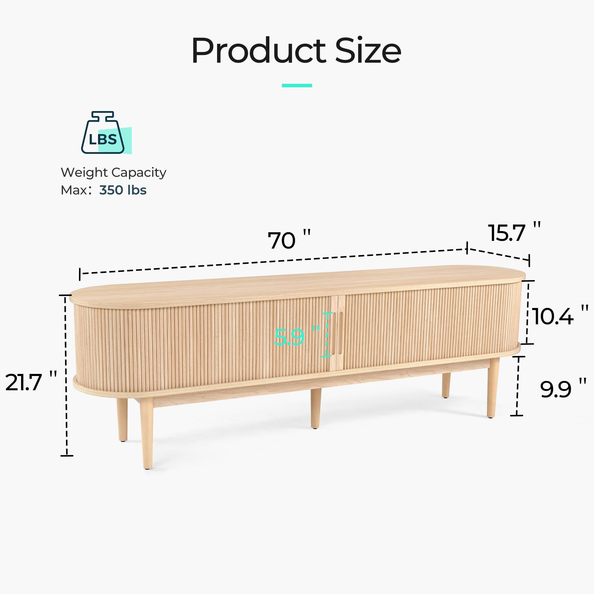 Fluted TV Stand for 75" TV, Mid-Century Modern 70" Entertainment Center with Sliding Tambour Door & Storage Cabinet, Curved Media Console, Oak