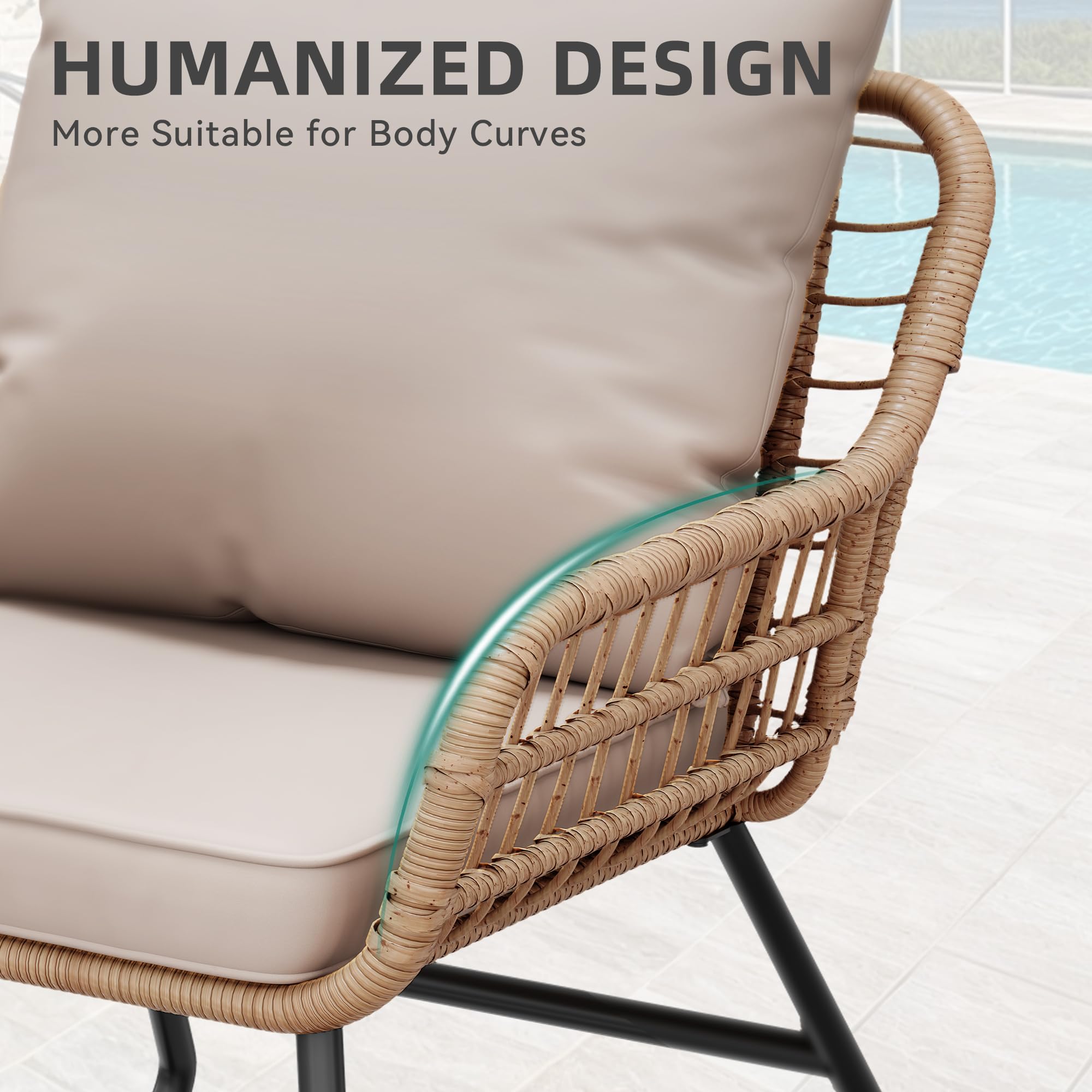Outdoor Patio Conversation Set 4 Pieces, Wicker Furniture with Cushions & Coffee Table, Rattan Bistro Chairs with Side Table, Beige