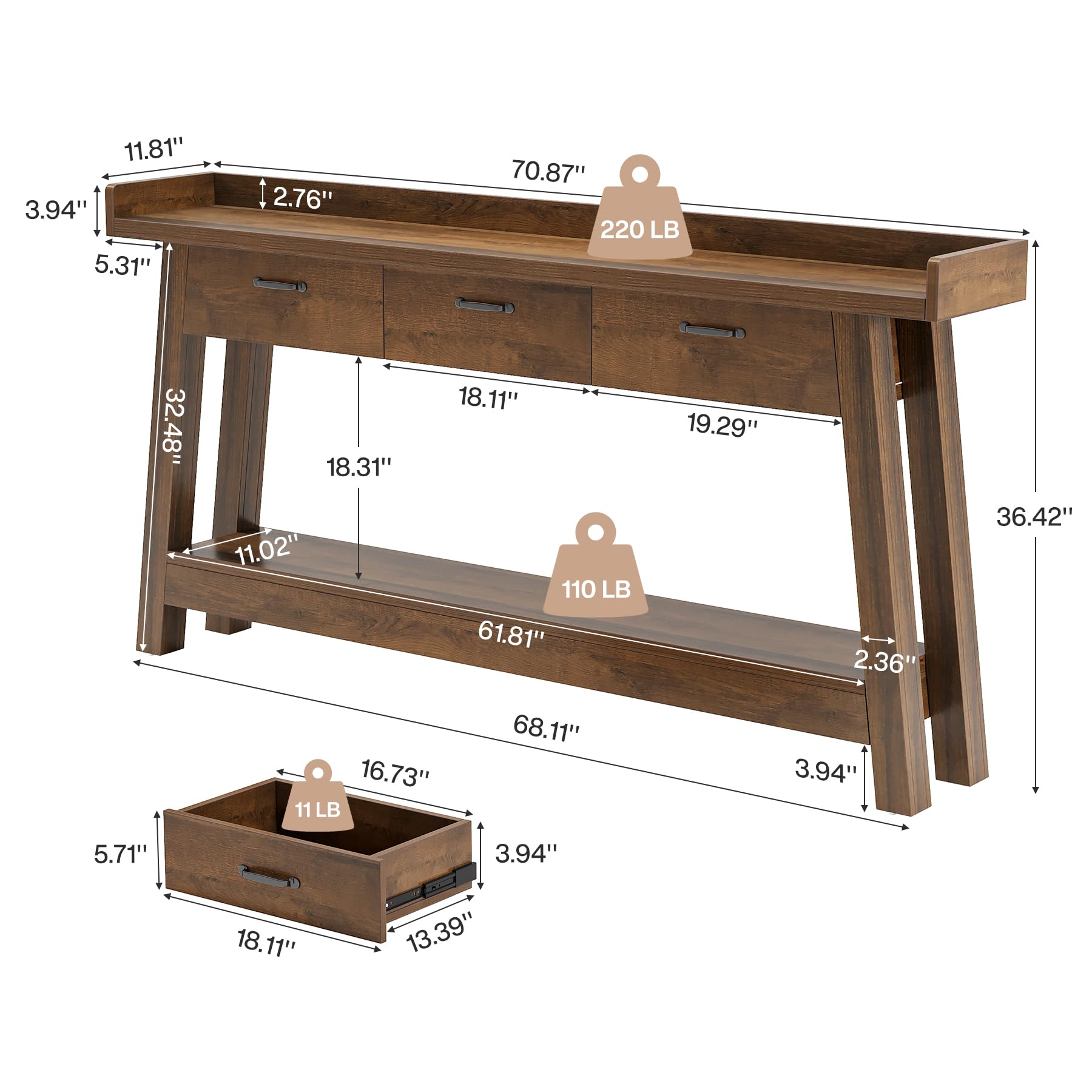 70.9" Farmhouse Sofa Console Table with 3 Drawers, 2-Tier Extra Long Entryway Table with Shelves & Baffle for Hallway, Living Room, Rustic Brown