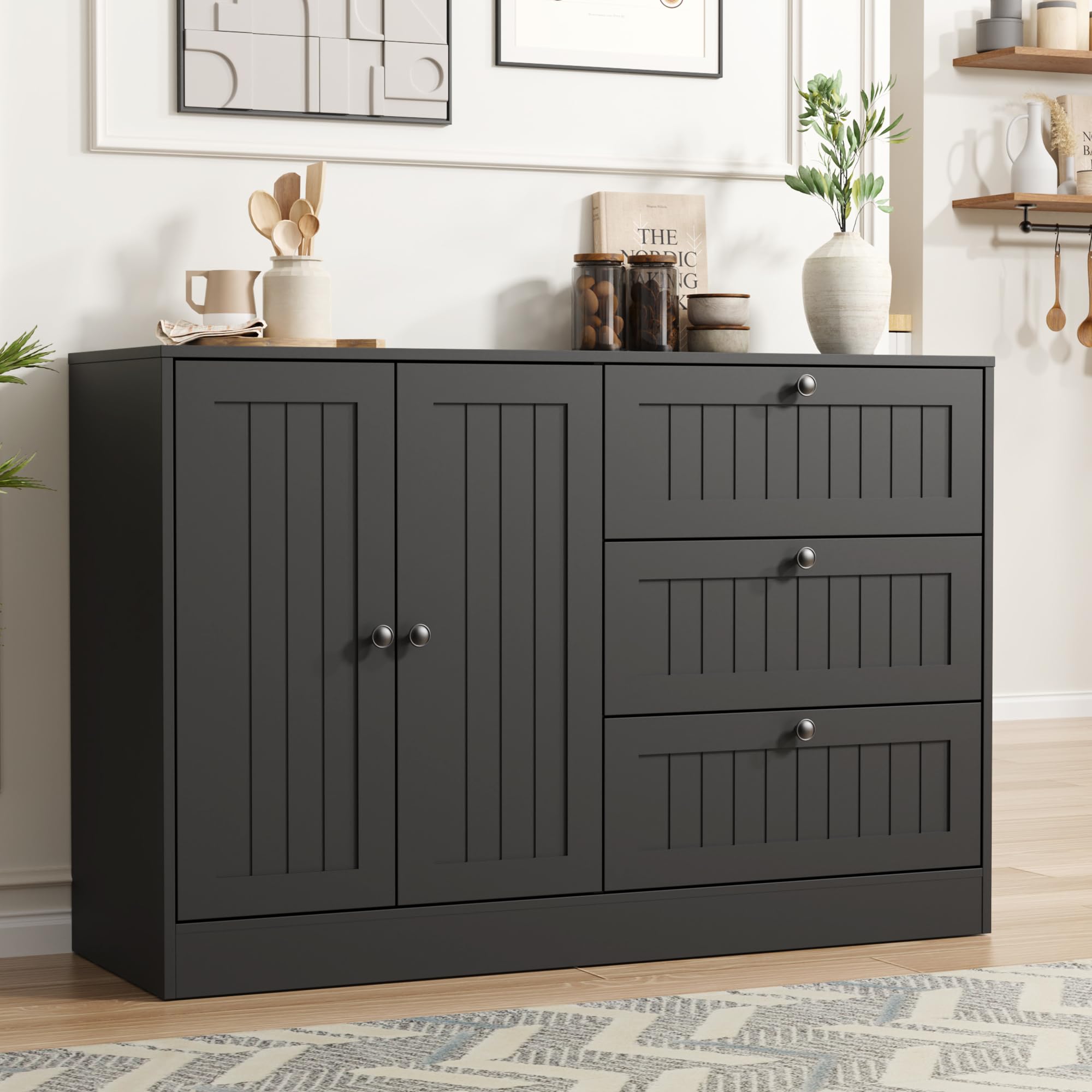 Sideboard Buffet Cabinet with Storage, 47" Large Farmhouse Kitchen Cabinet with 3 Drawers and Doors, Modern Accent Coffee Bar Wood Table