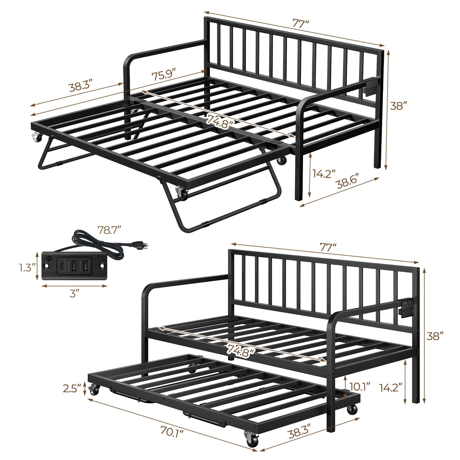 Twin Daybed with Trundle, Charging Station & LED Lights, Height Adjustable Metal Frame with Steel Slats for Bedroom, Black