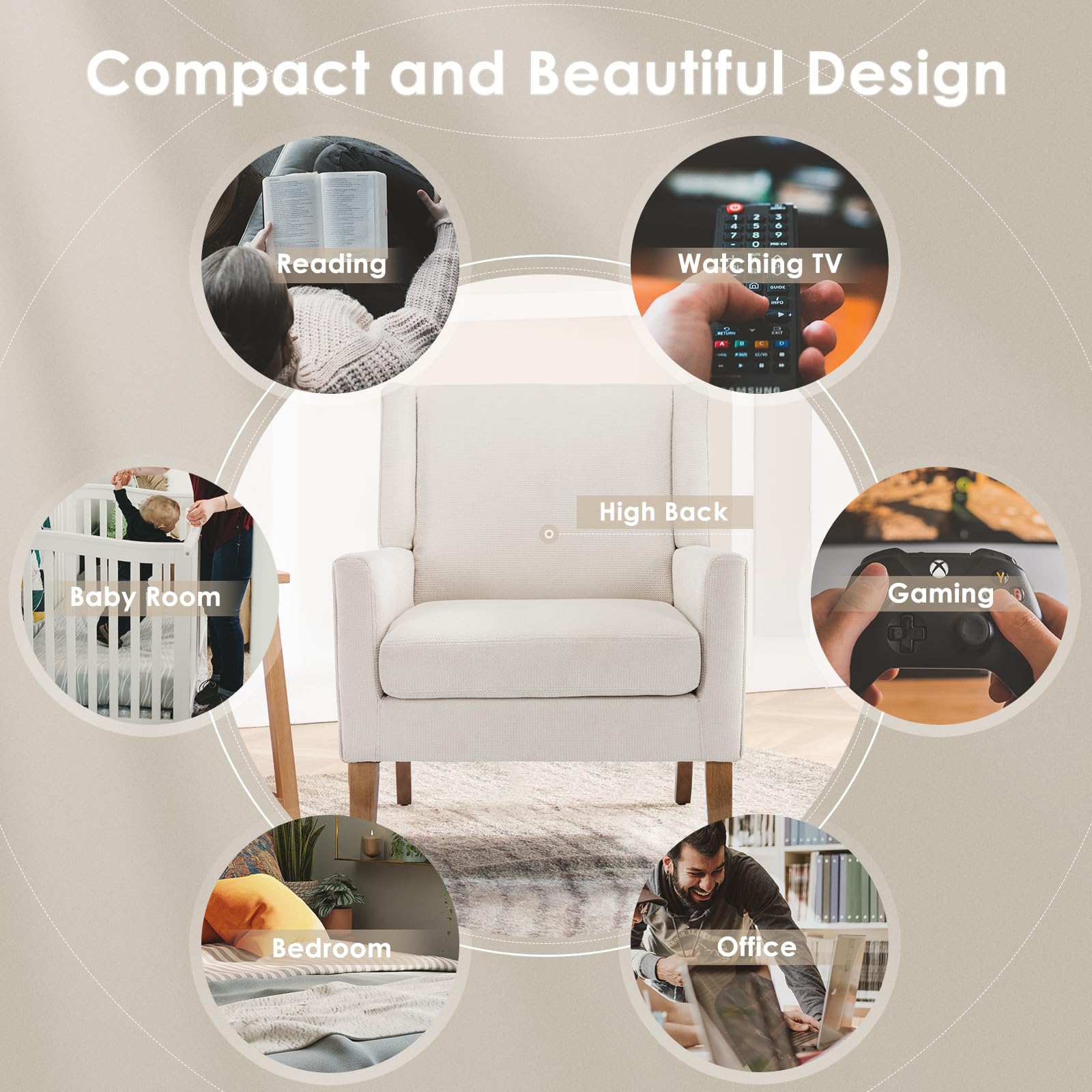 Modern Wingback Living Room Chair, Upholstered Fabric Accent Armchair, Single Sofa Chair with Lounge Seat and Wood Legs for Office/Bedroom/Reading Spaces, Beige