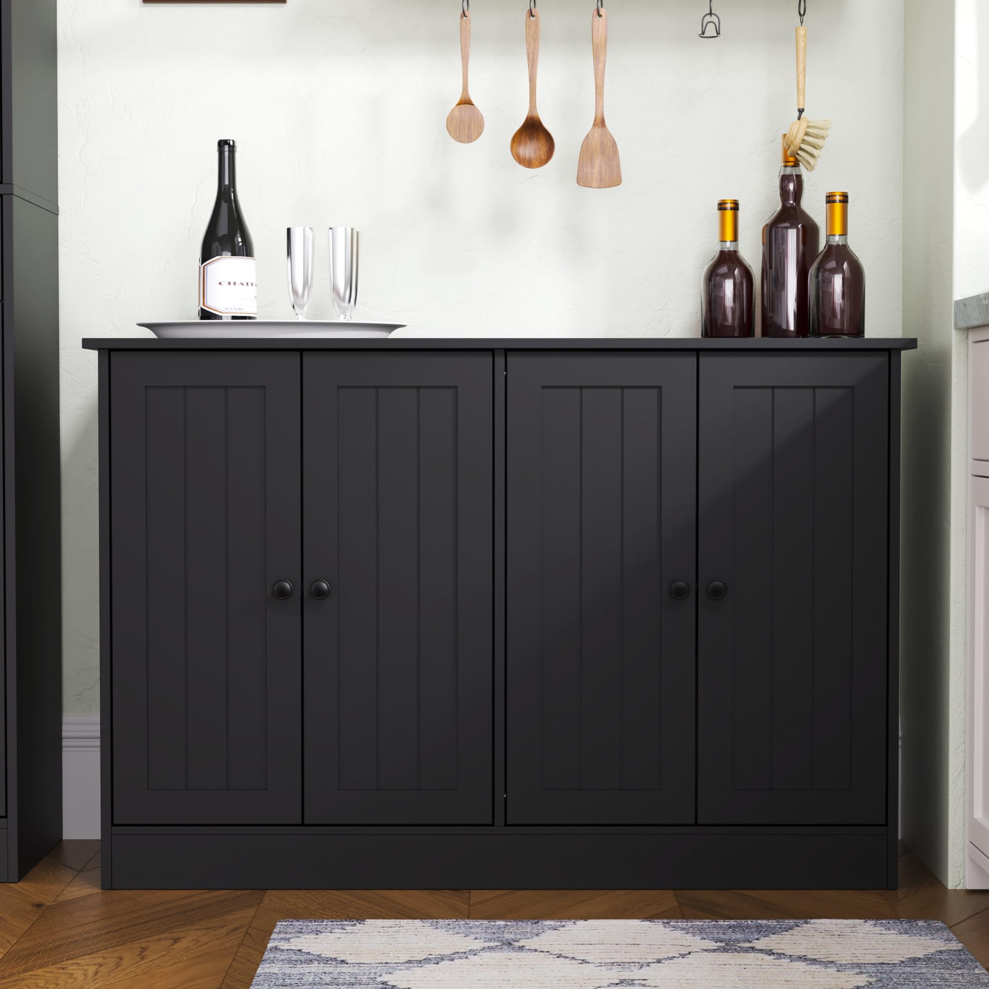 Sideboard Buffet Cabinet with Storage, 47" W Kitchen Storage Cabinet with 4 Doors, Modern Farmhouse Coffee Bar Station Wood Kitchen Table