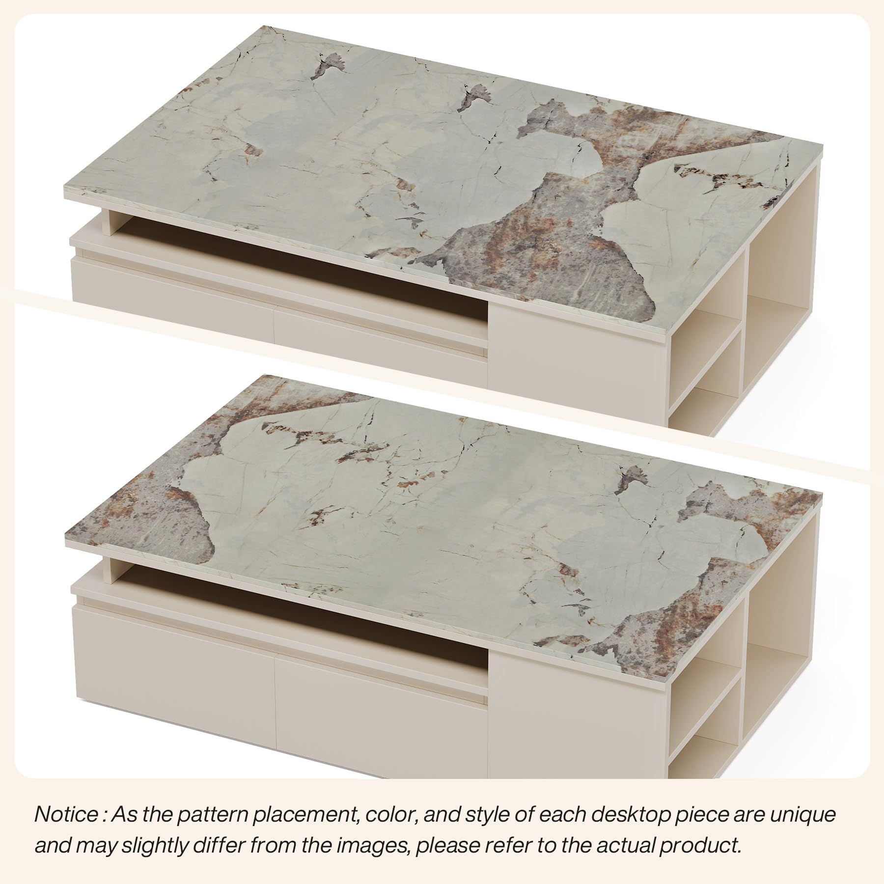 Extendable Tabletop Coffee Table with 4 Drawers & Storage Shelf, Modern from 51-Inch to 71-Inch Center Table for Living Room, Faux Marble Veneer