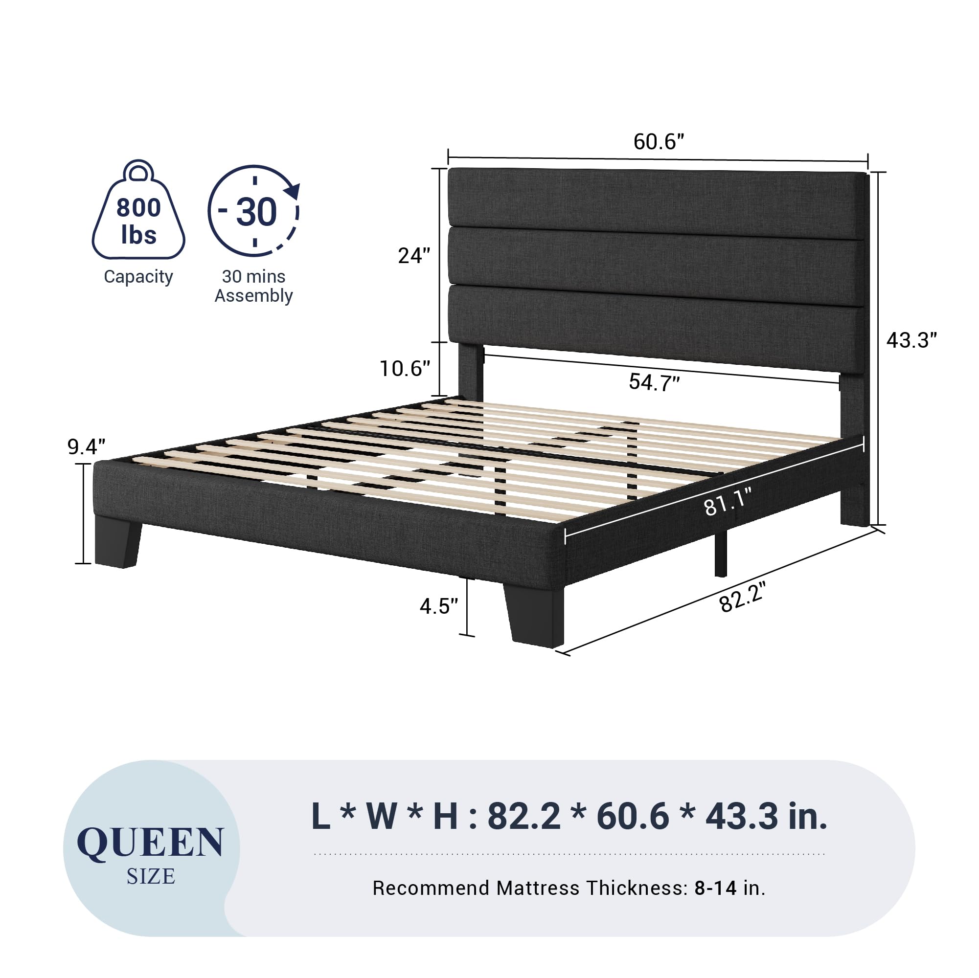 Queen Size Platform Bed Frame with Fabric Upholstered Headboard and Wooden Slats Support, Fully Upholstered Mattress Foundation//, Dark Grey
