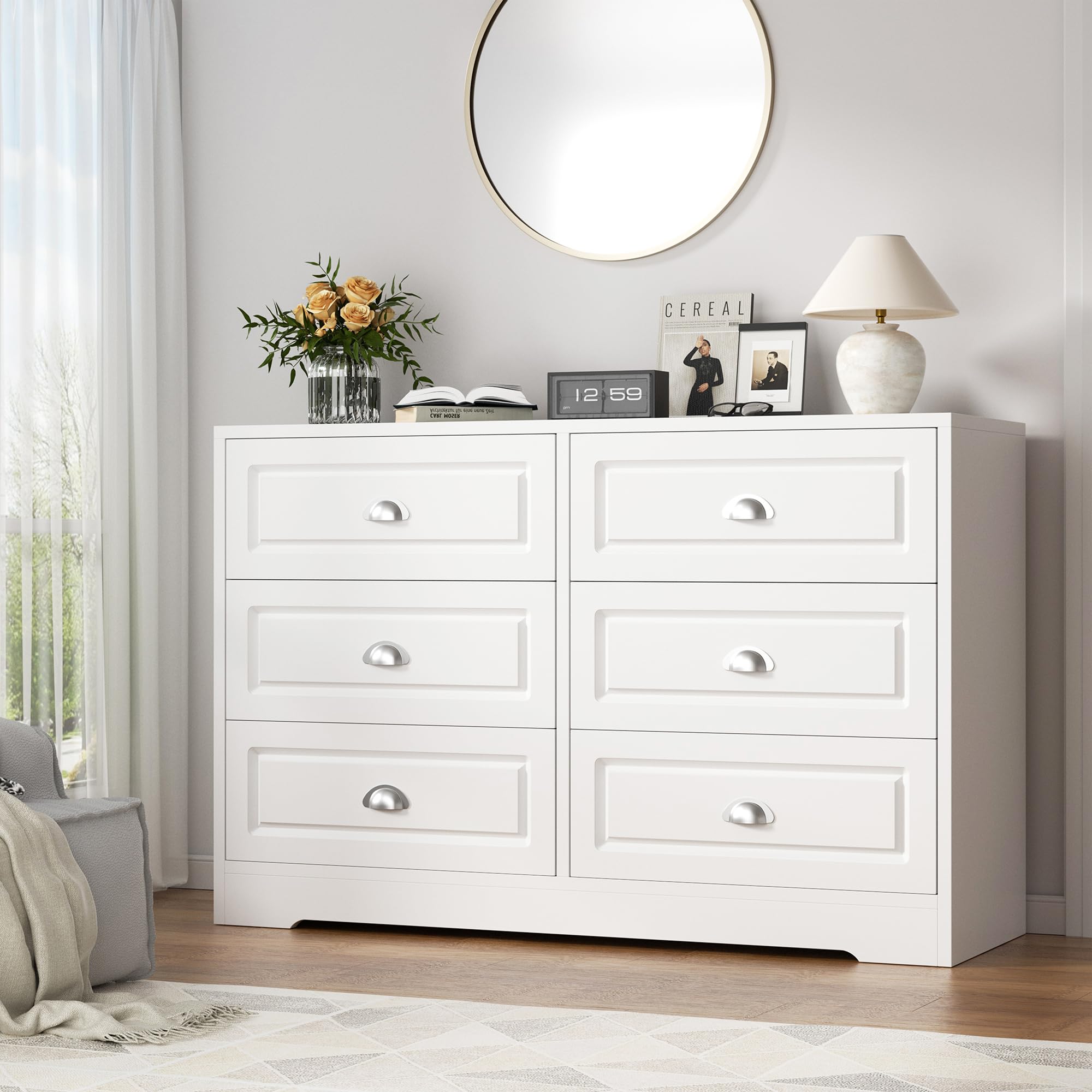 6-Drawer Dresser for Bedroom, Double Chest with Metal Handles, Wooden Storage Organizer TV Stand for Living Room, White
