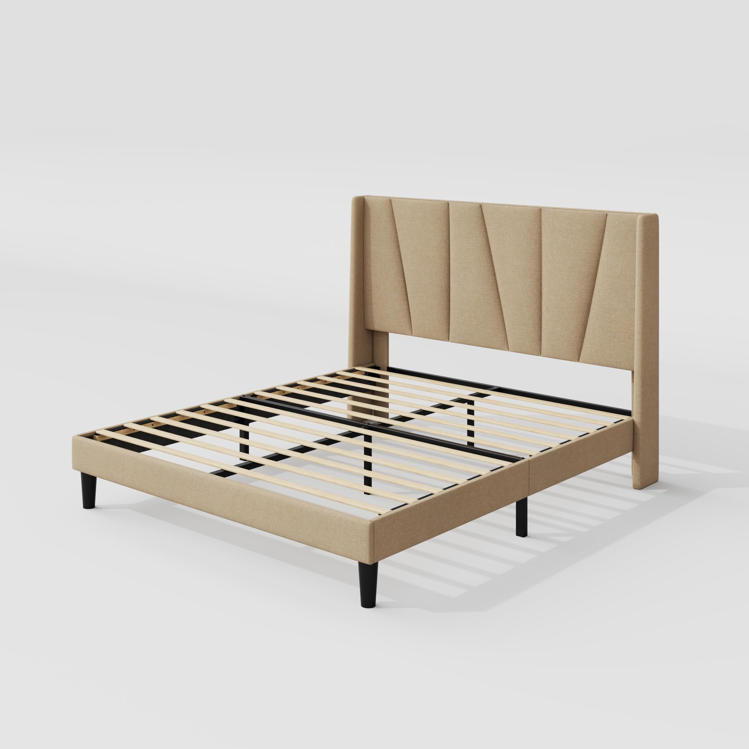 Queen Size Platform Bed Frame with Geometric Wingback Headboard, Modern Upholstered Bed with Wooden Slats Support, , , Beige