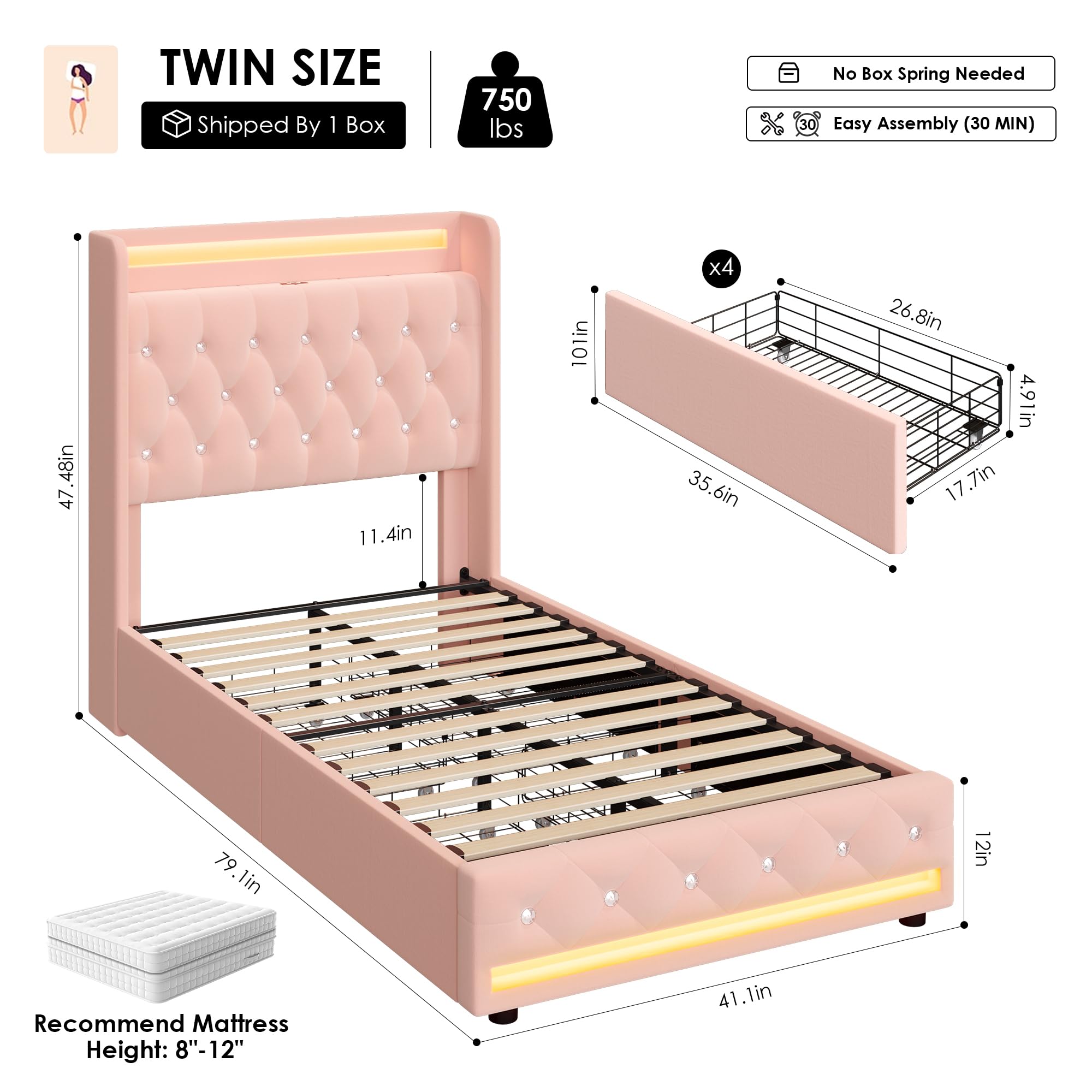 Upholstered Twin LED Bed Frame with Charging Headboard & 4 Drawers, Velvet Tufted Princess Bed for Girls, No Box Spring Needed, Pink