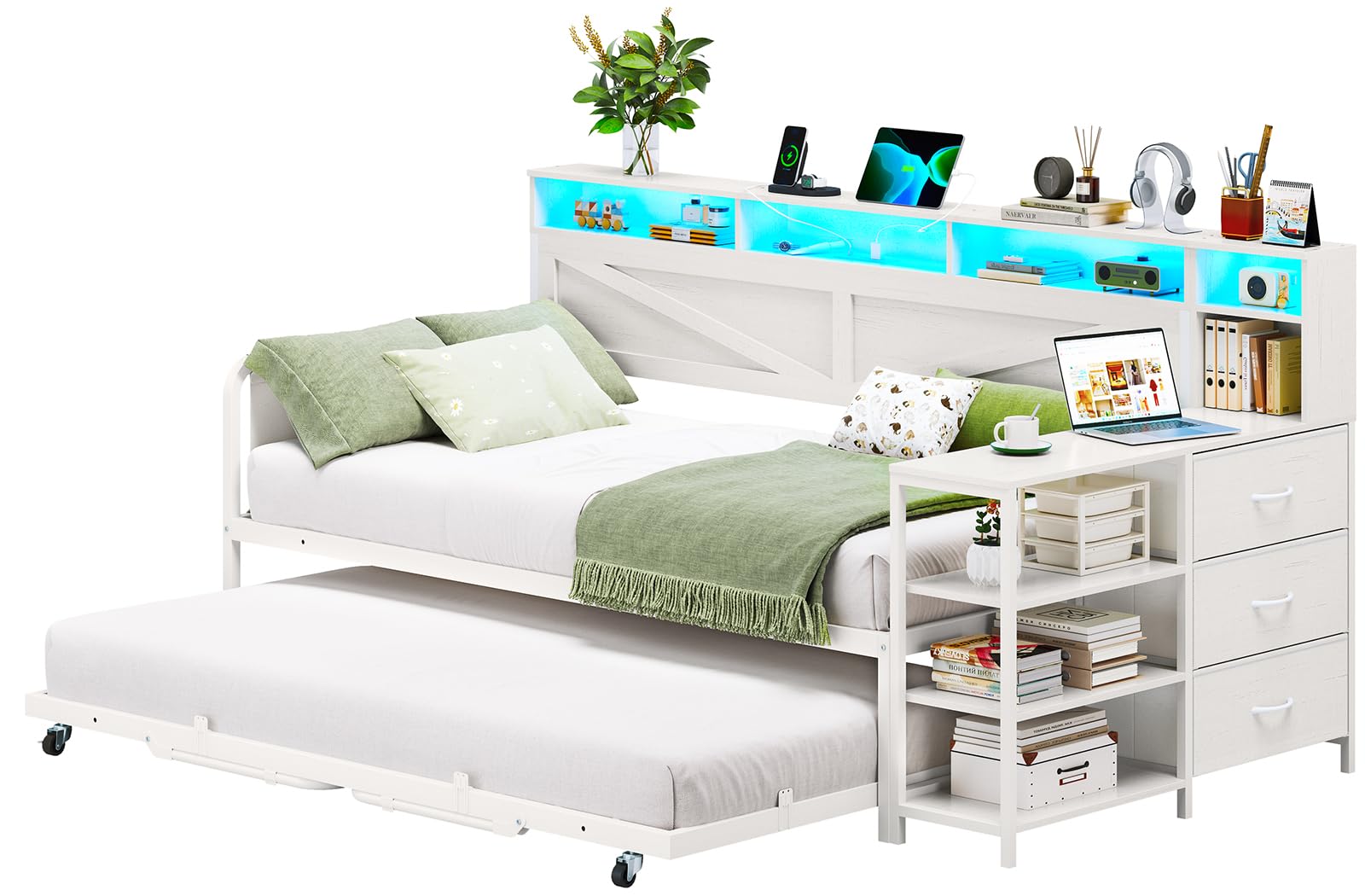 Twin Daybed with Pop-Up Trundle, Farmhouse Wood Frame with 3 Storage Drawers, Shelves, LED Lights & Charging Station, Twin to King, White