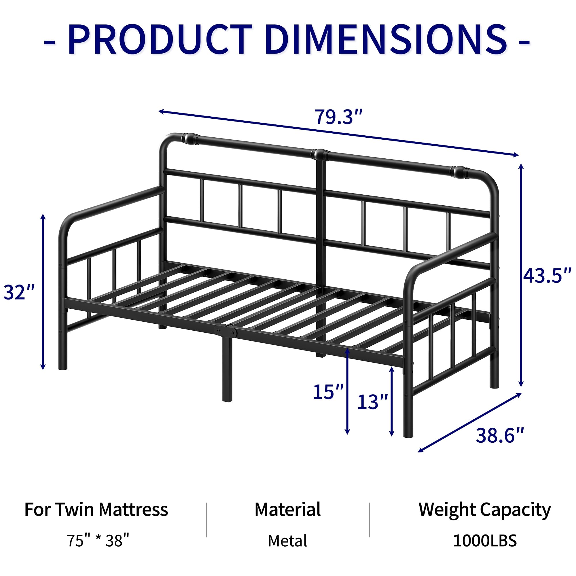 Twin Daybed Frame with Classic Headboard, Heavy-Duty Metal Sofa Bed with Steel Slats for Bedroom, Guest Room, Black