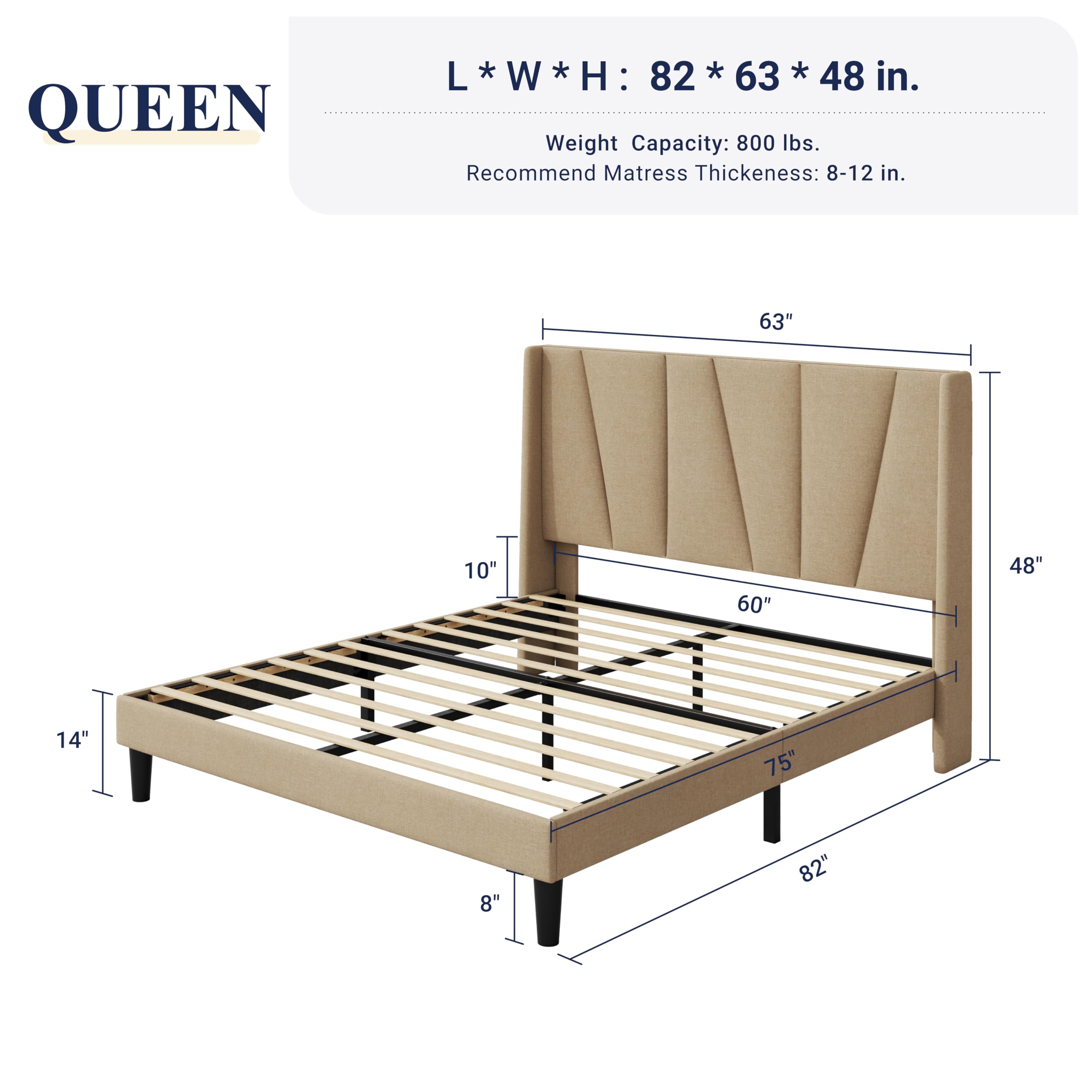 Queen Size Platform Bed Frame with Geometric Wingback Headboard, Modern Upholstered Bed with Wooden Slats Support, , , Beige