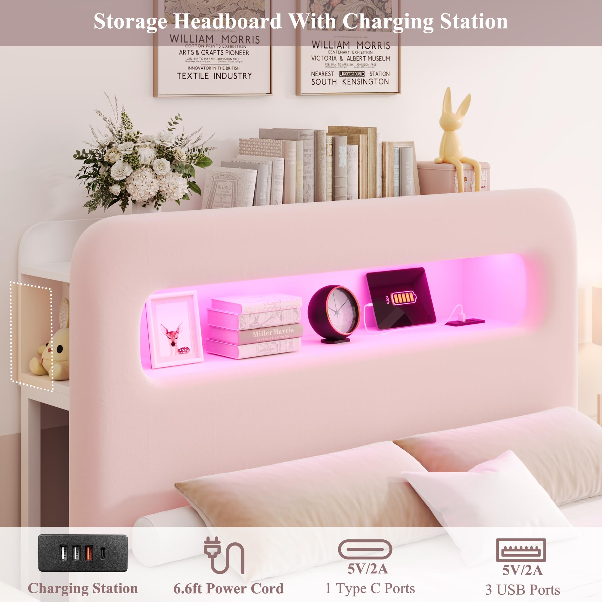Full Size Velvet Upholstered LED Bed Frame with Storage Headboard, 4 Drawers, USB Charging Ports, No Box Spring Needed – Pink