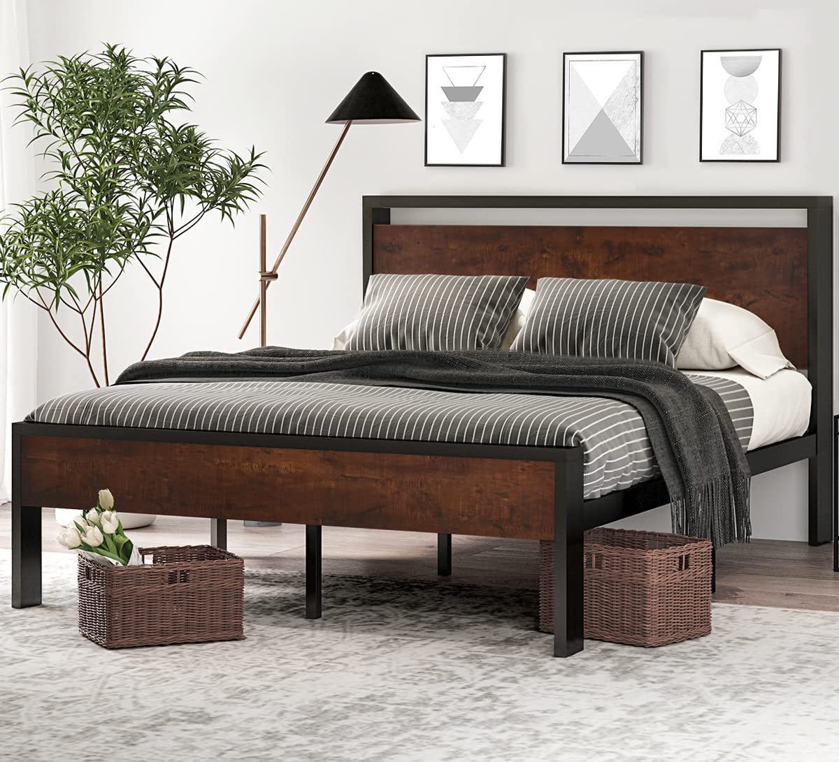 14 Inch Full Size Metal  with Wooden Headboard and Footboard, , , Large Under Bed Storage, Non-Slip Without Noise, Mahogany