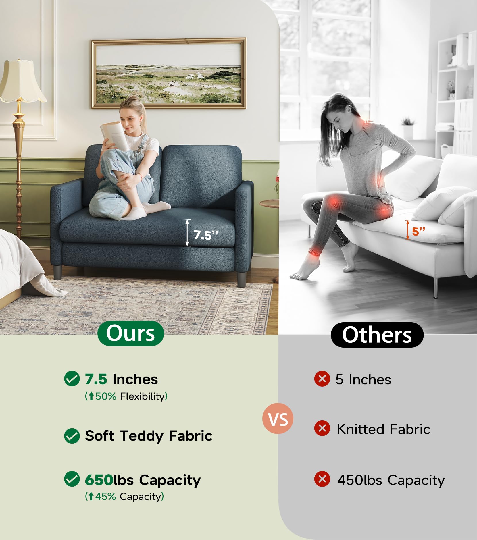 51" Loveseat Sofa, Comfy Teddy Fabric Small Couch for Bedroom & Living Room, Tool-Free Setup, All-Wood Frame, Blue Grey, No Pillow