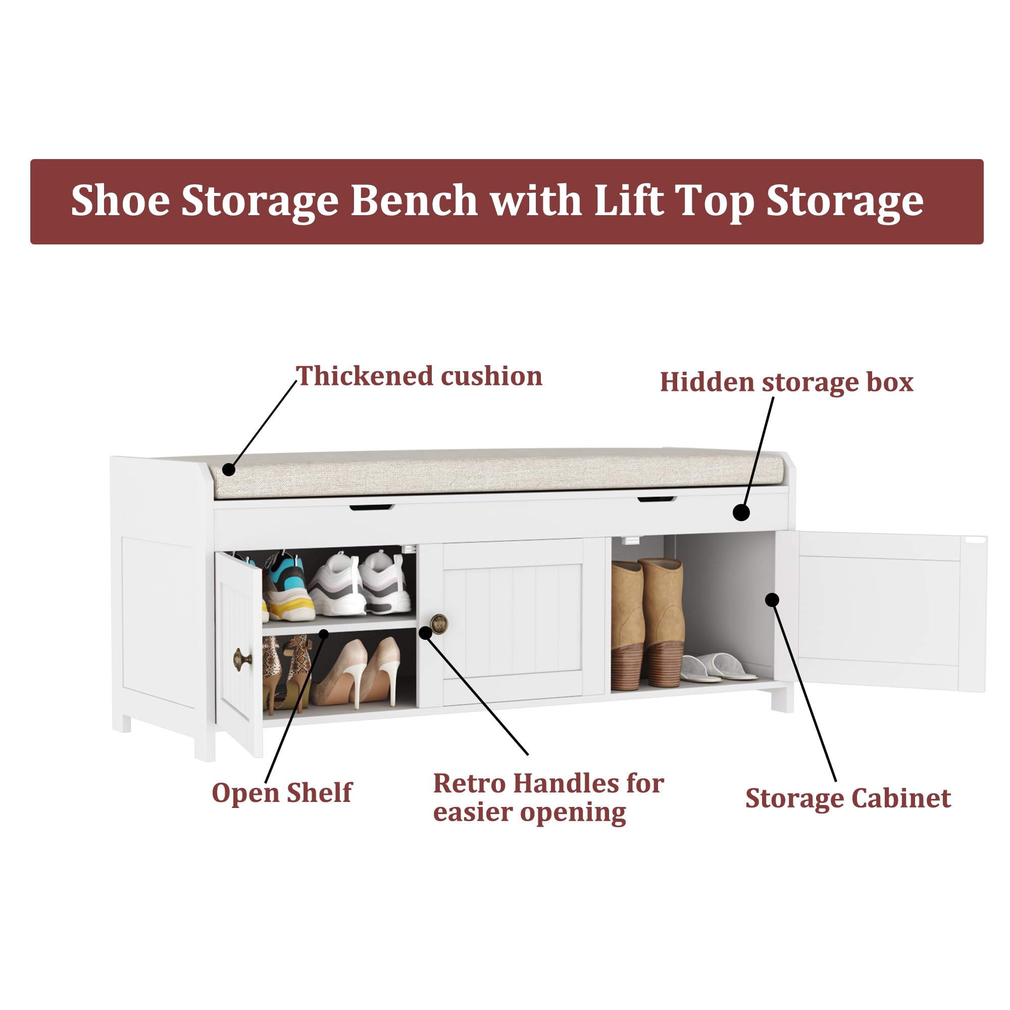 41.3" Shoe Bench with Lift-Top Storage, Cushioned Entryway Bench, Hidden Storage Cabinet for Bedroom, Hallway, End of Bed, White