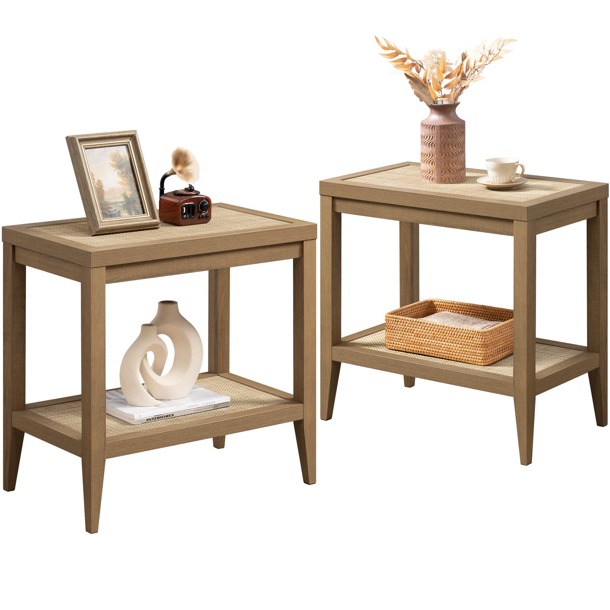 Rattan Nightstands Set of 2 Bedside Table - Boho Narrow End Table Living Room Set of 2 Side Table with Rattan Storage Shelves for Small Space