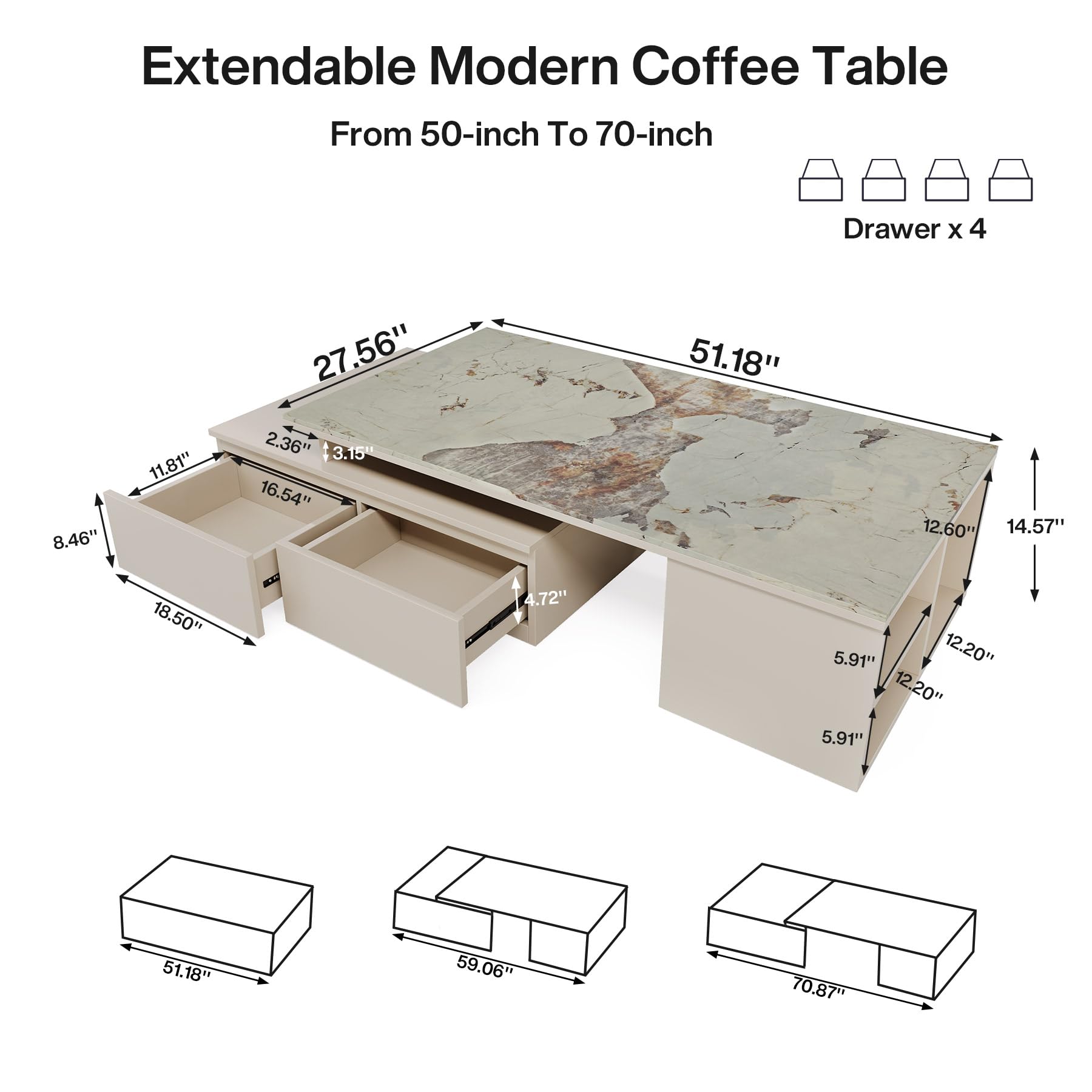 Extendable Tabletop Coffee Table with 4 Drawers & Storage Shelf, Modern from 51-Inch to 71-Inch Center Table for Living Room, Faux Marble Veneer