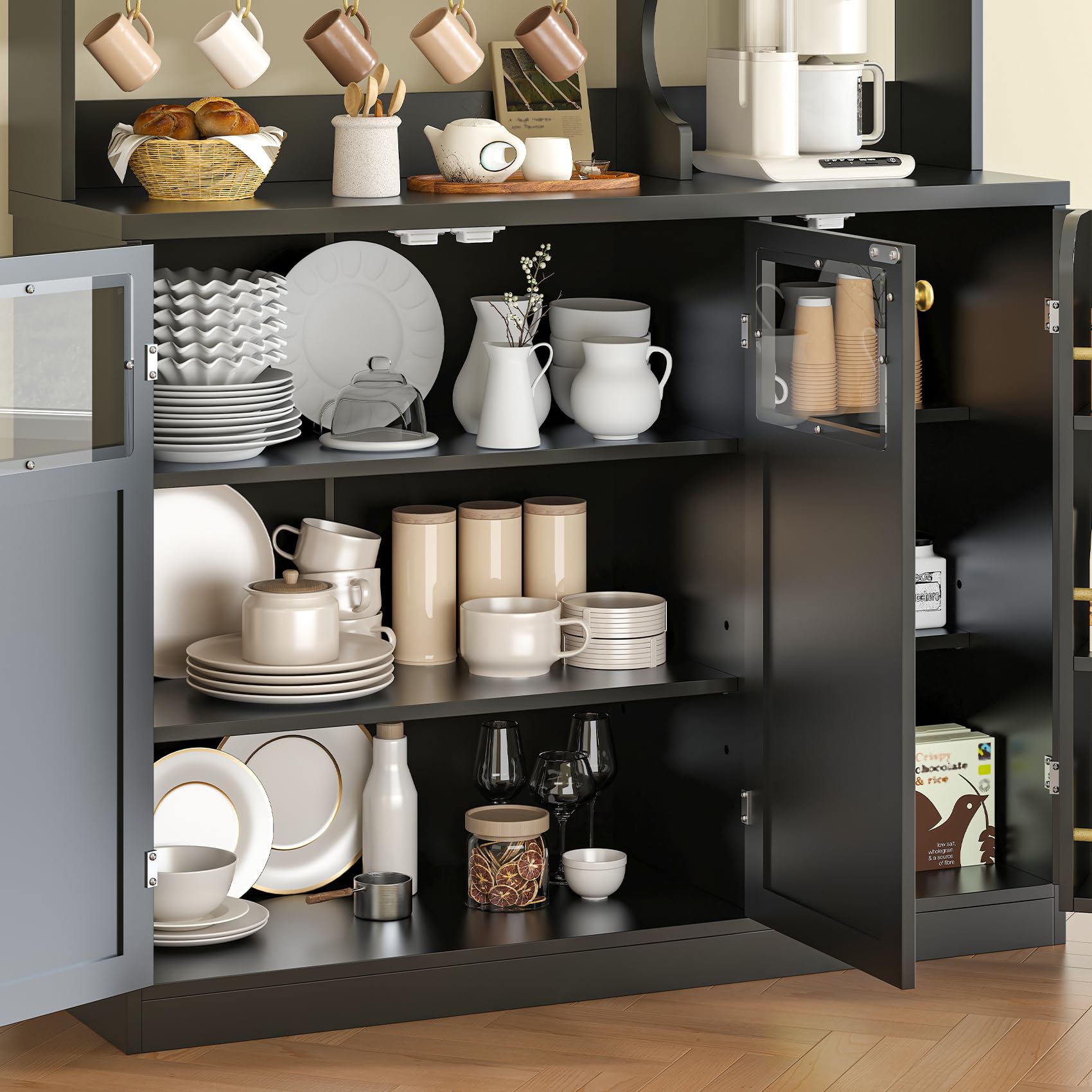 48'' Tall Buffet Sideboard Cabinet with 3 Doors and 5-Tier Shelf, Buffet Table Coffee Bar Wine Bar Storage Cabinet with Hooks for Dining
