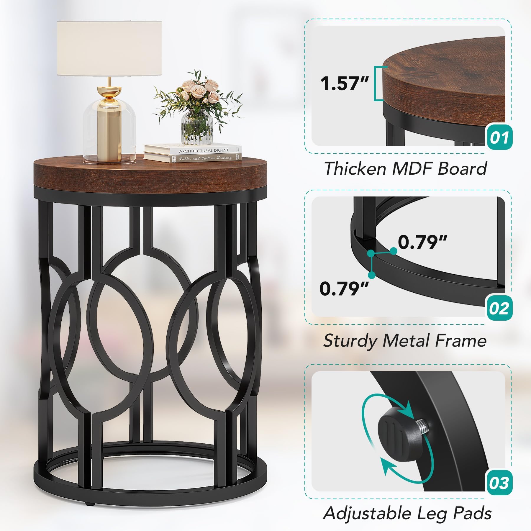 Set of 2 Round End Tables, Industrial Side Tables with Metal Hollow Frame, Small Nightstands for Bedroom or Living Room, Rustic Brown