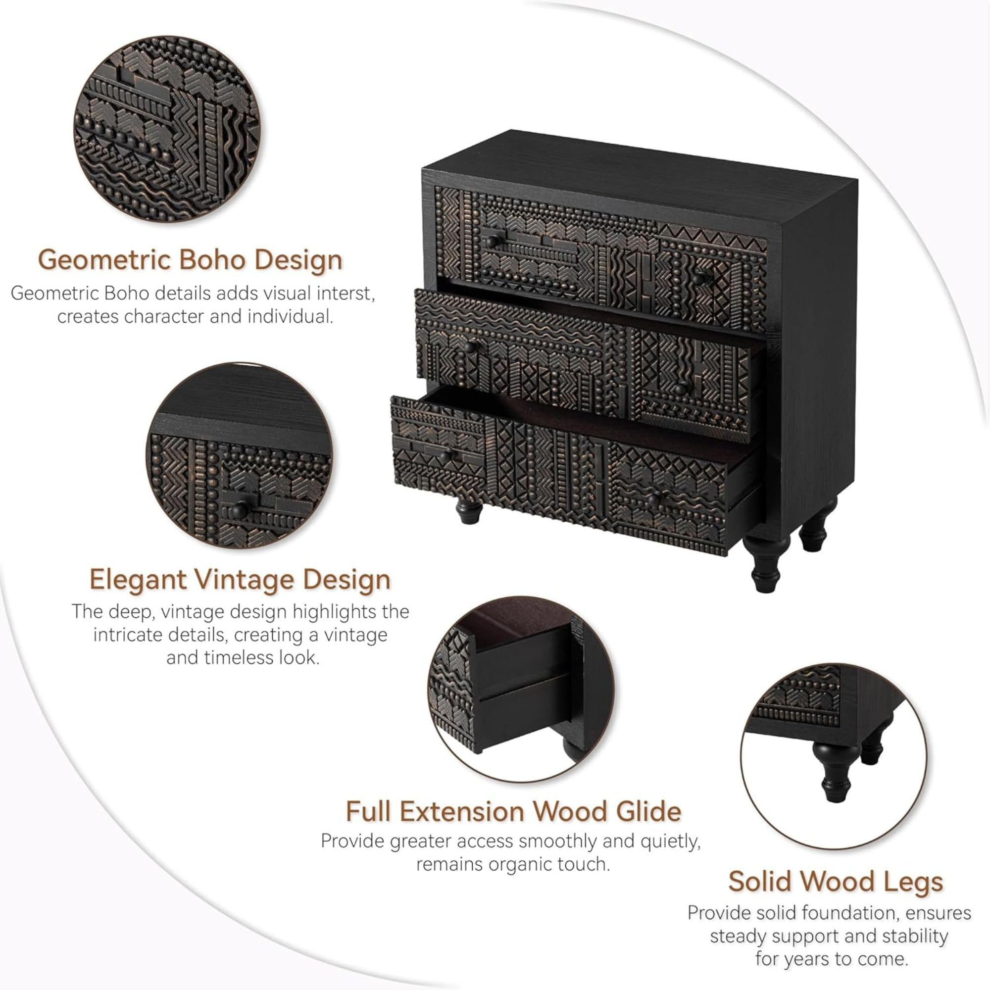 3-Drawer Farmhouse Dresser with Geometric Carved Design, Vintage Wood Storage Chest for Bedroom, Living Room, Boho Style, Black, Assembled