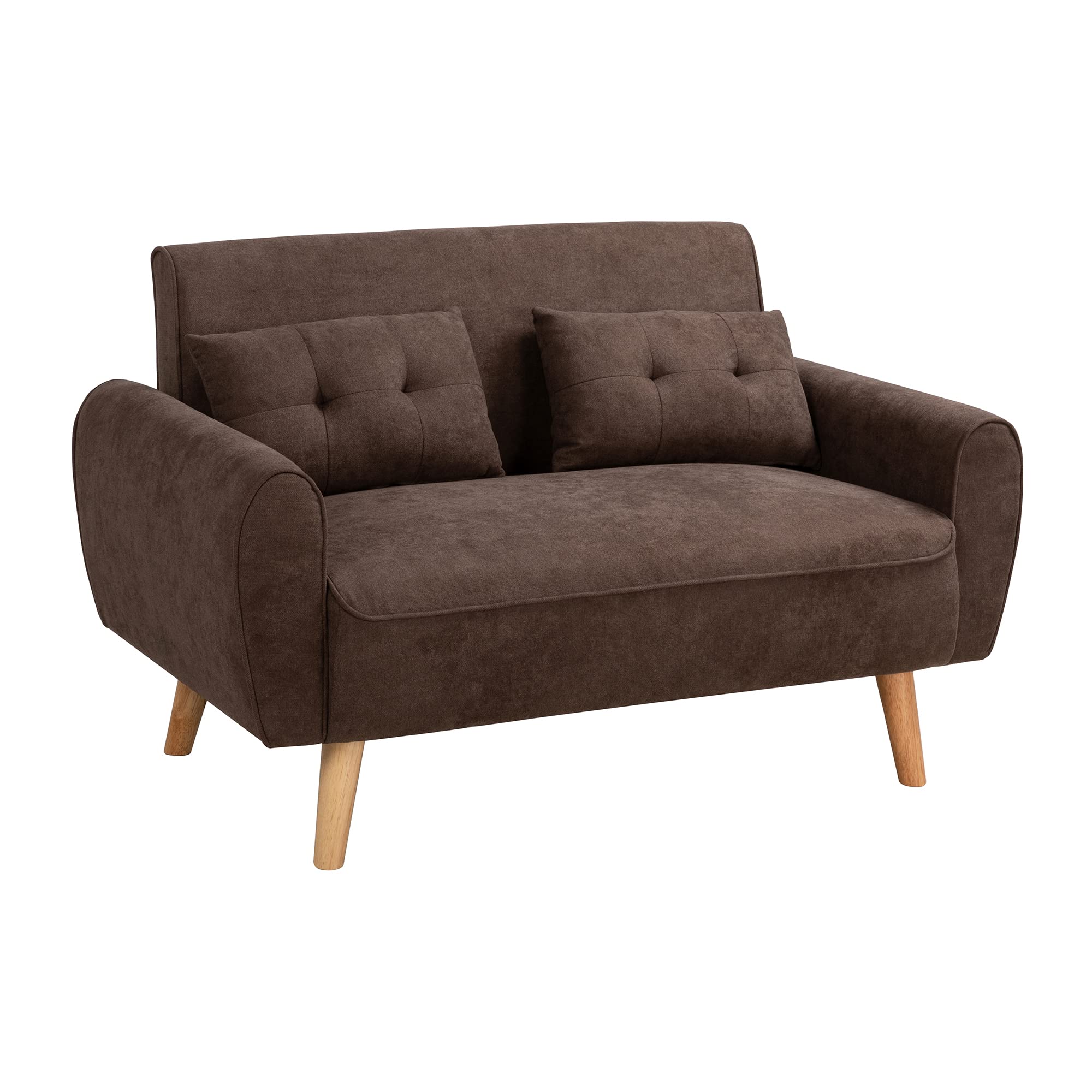 Small Modern Loveseat Sofa, Mid-Century Fabric Upholstered 2-Seat Couch with 2 Pillows for Living Room, Studio, Apartment, Brown
