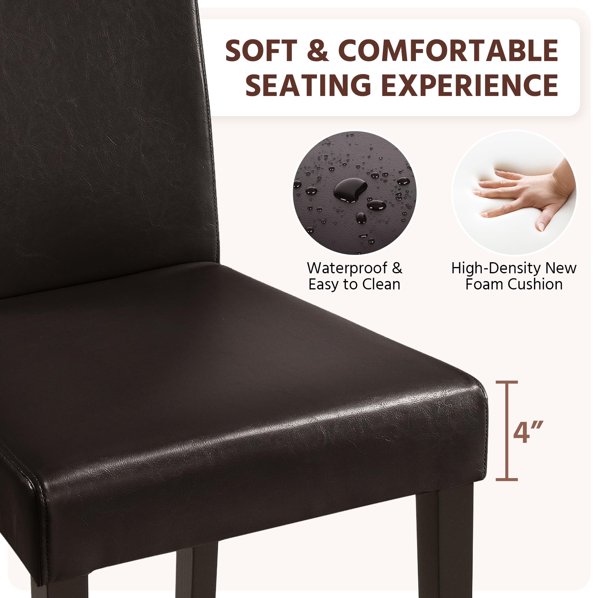 Dining Chairs Set of 4 PU Leather Dining Room Chairs with Waterproof Surface and Wood Legs for Kitchen Restaurant and Living Room, Dark Brown