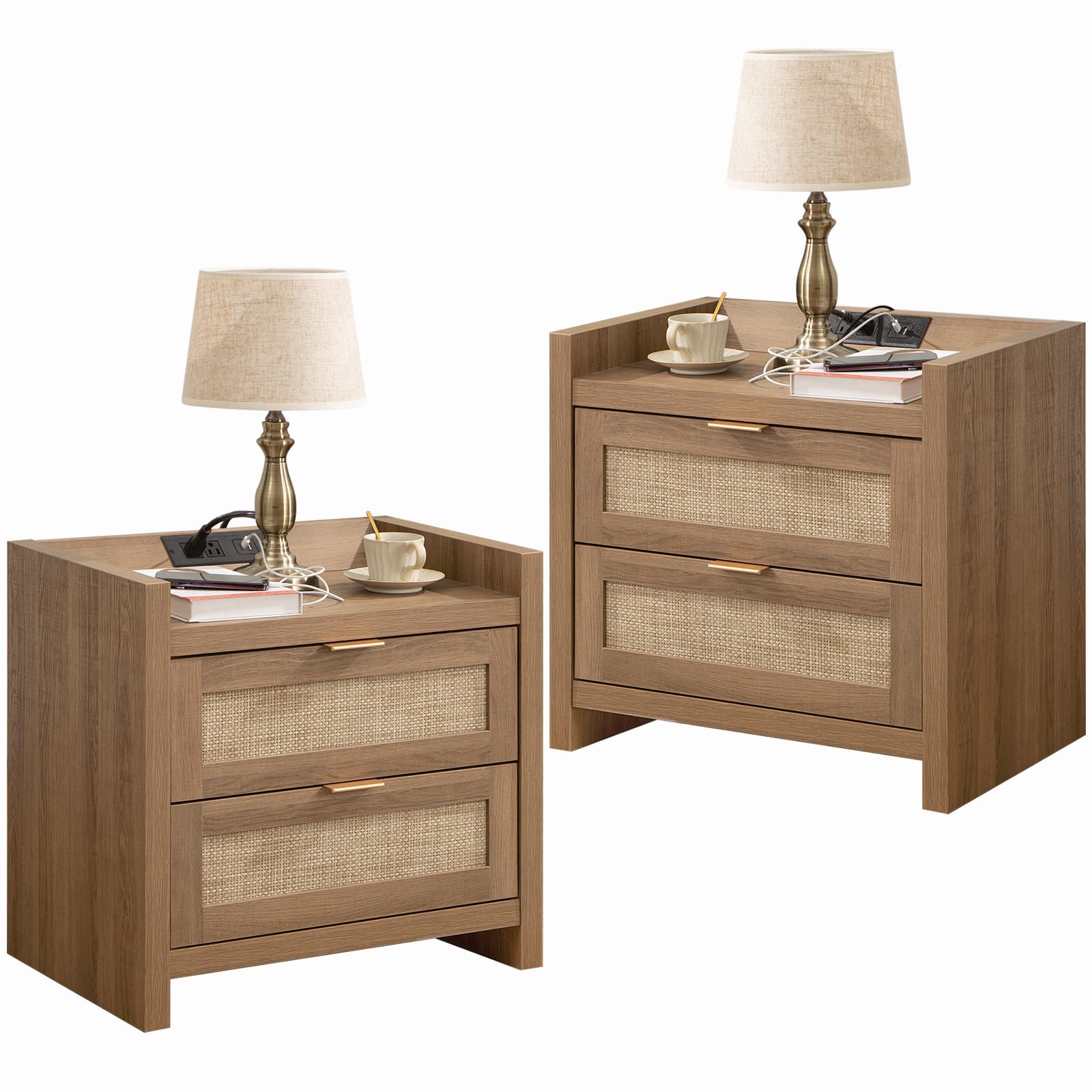 Night Stand Set of 2 - Rattan Nightstands with Type-C Charging Station, 2 Rattan Drawers - Boho Bed Side Tables End Table for Small Space - Natural Oak